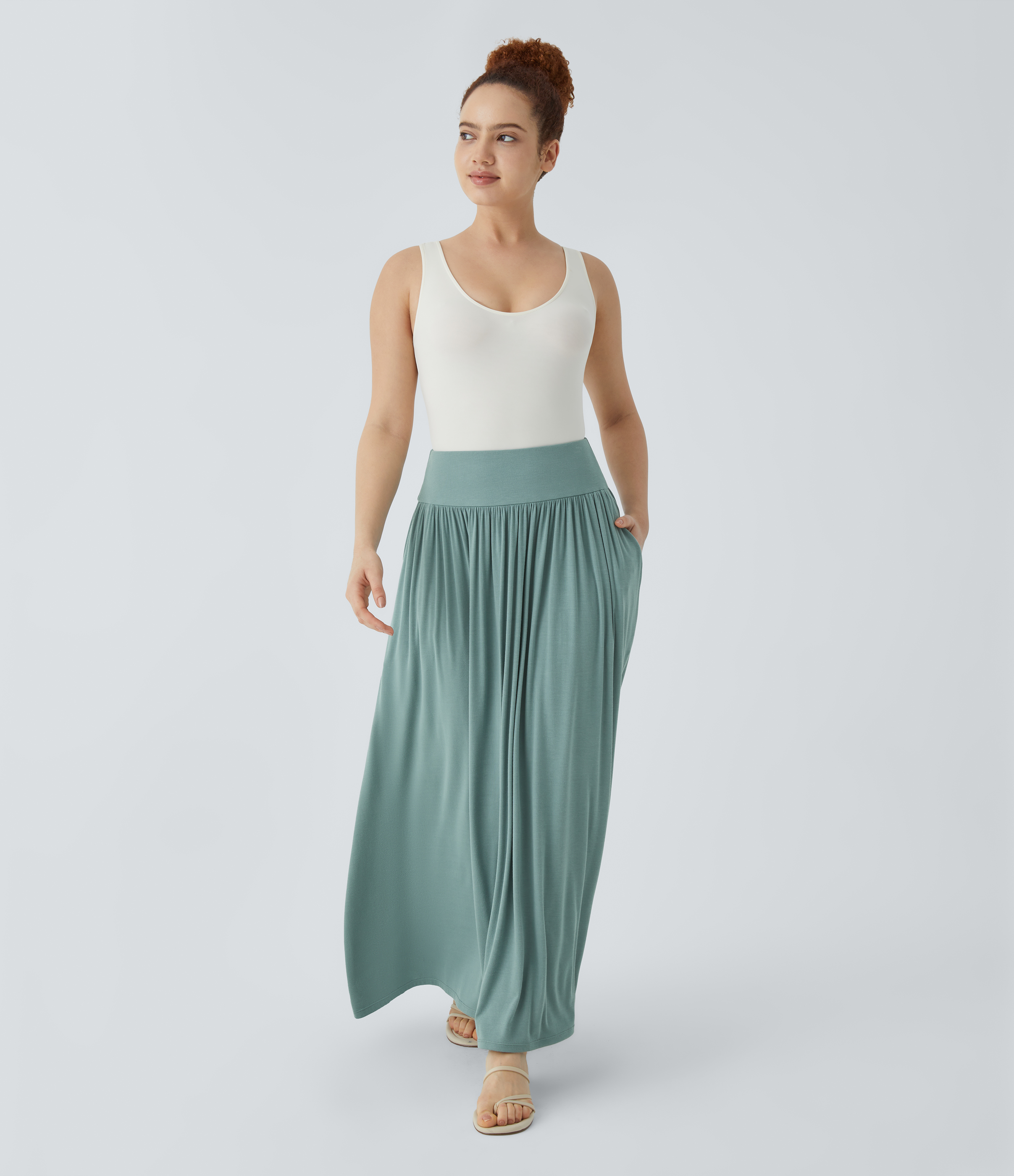 Halara Ribbed High Waisted Plicated Side Pocket Flare Flowy Maxi Casual Skirt  - Clear Green - XS(regular) 