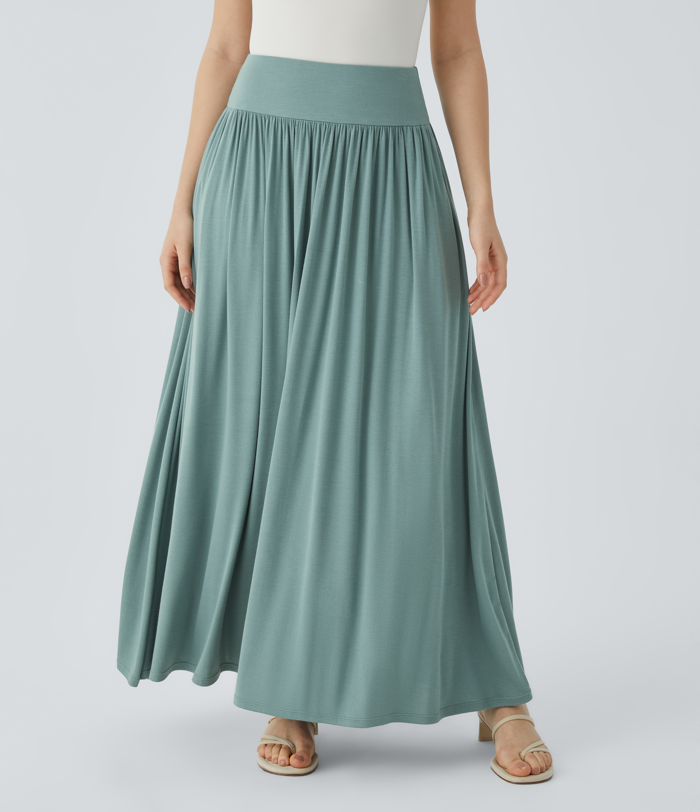 Halara Ribbed High Waisted Plicated Side Pocket Flare Flowy Maxi Casual Skirt  - Clear Green - XS(regular) 