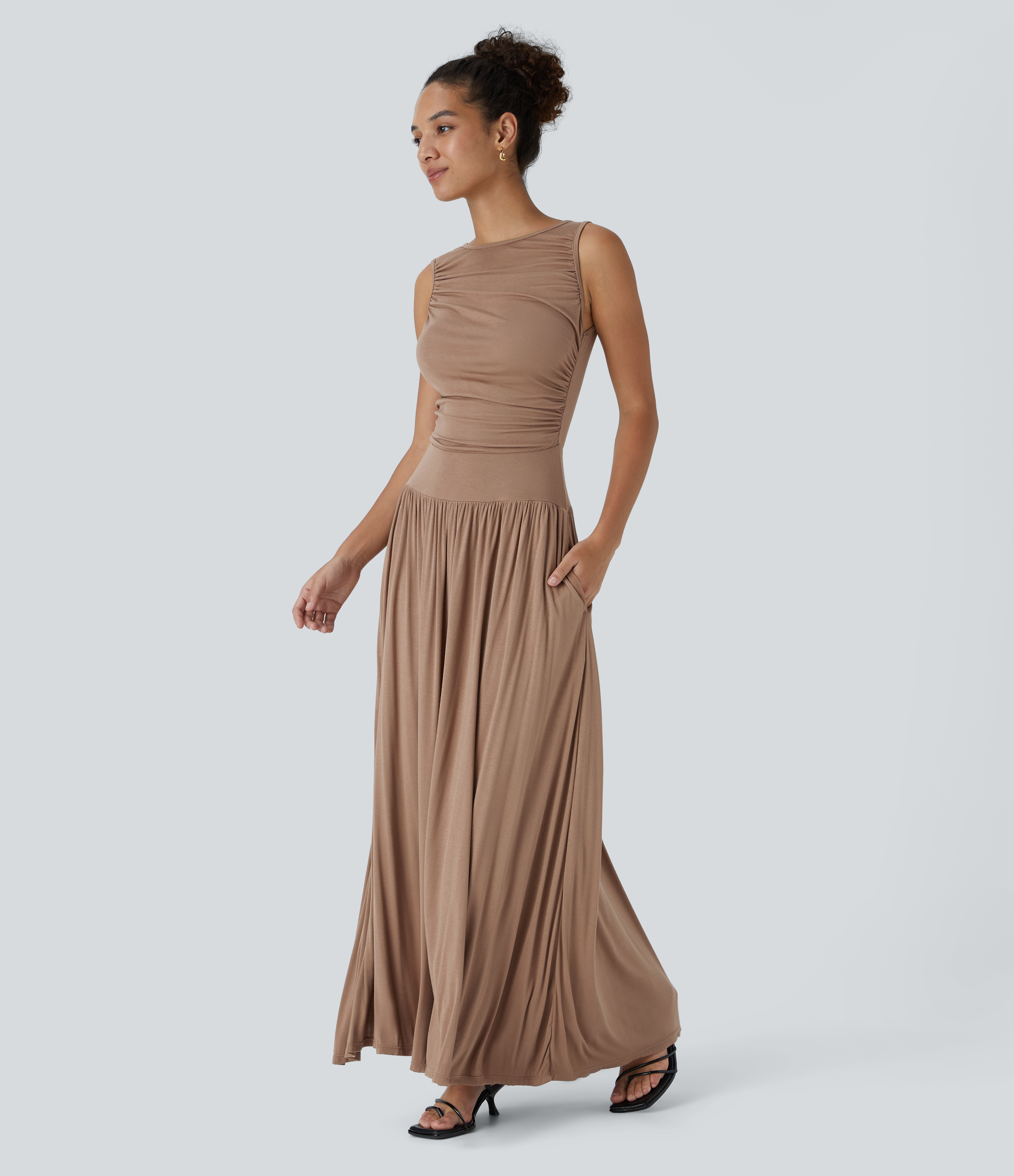boat neck flowy dress Sleeveless Boat Neck Dress - Linen Maxi Dress Black Flowy Wedding Guest Look Elegant Formal Resort Outfit With Pockets CHILOE