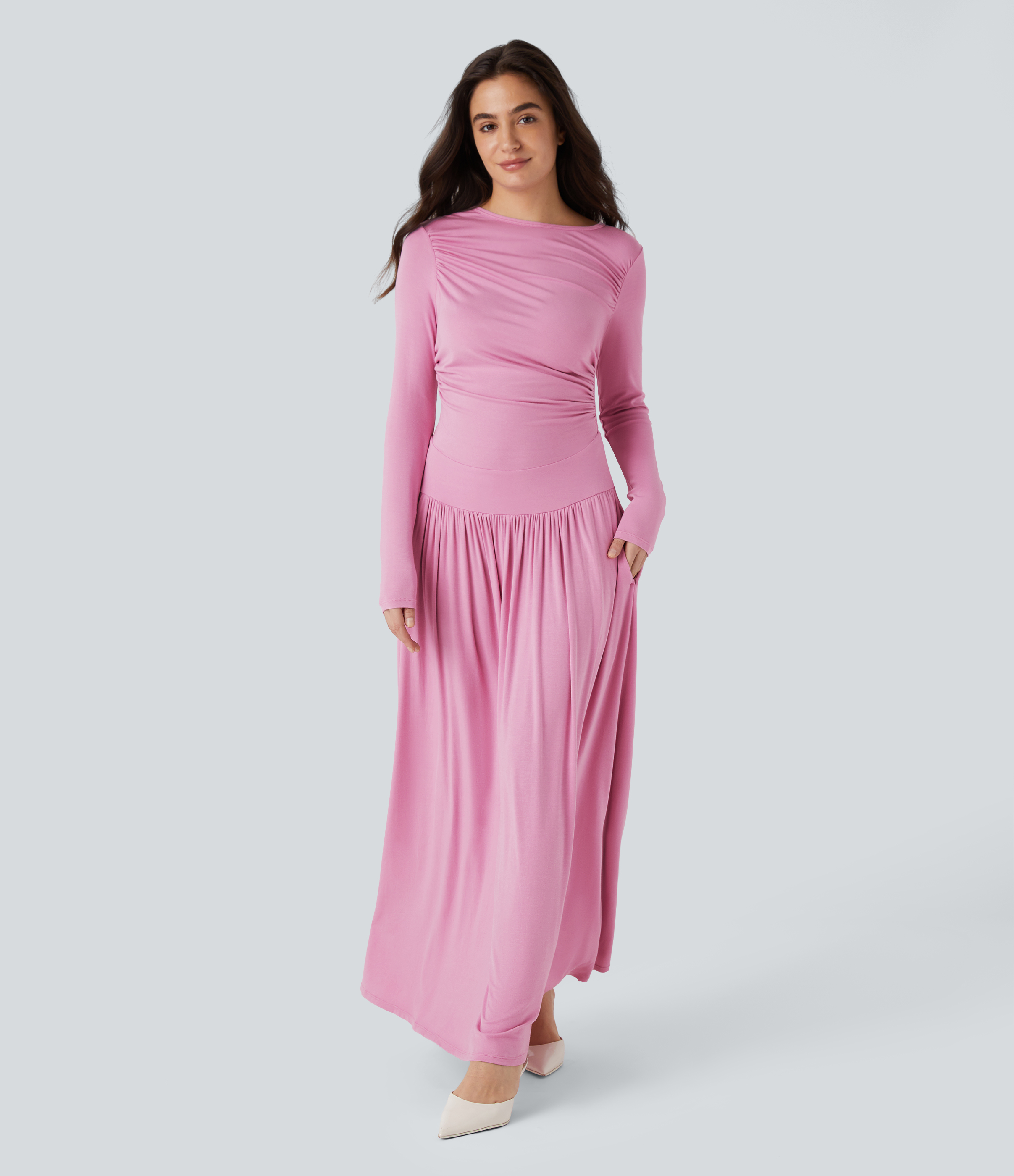 Halara Ribbed Boat Neck Ruched Side Pocket Flowy Maxi Casual Dress Casual Dress - Sweet Lilac - XL slip dress beach dress ruched dress 