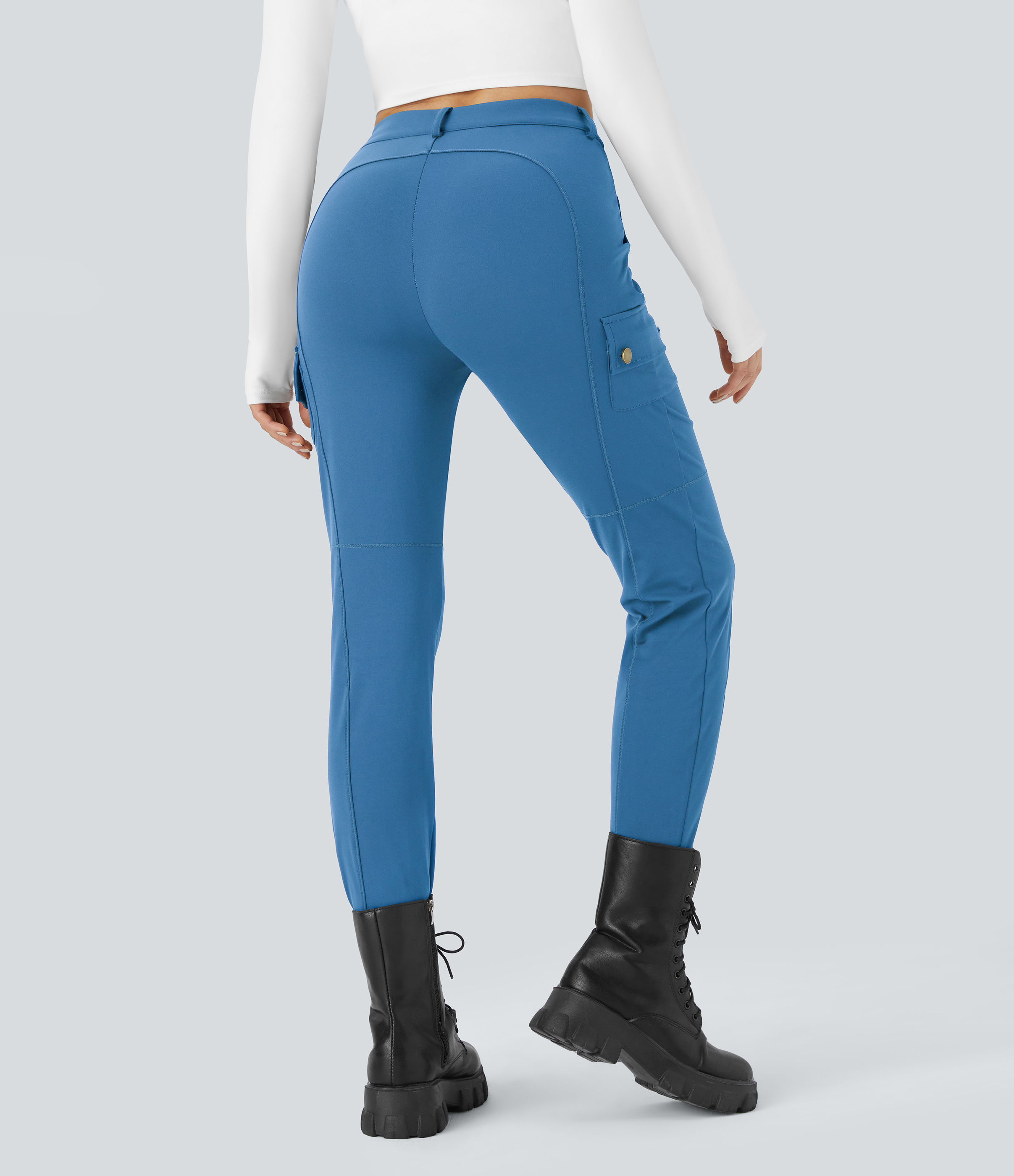 Halara High Waisted Button Zipper Multiple Pockets Solid Skinny Hiking Cargo Pants  - Gloomy Blue - XS(tall) 