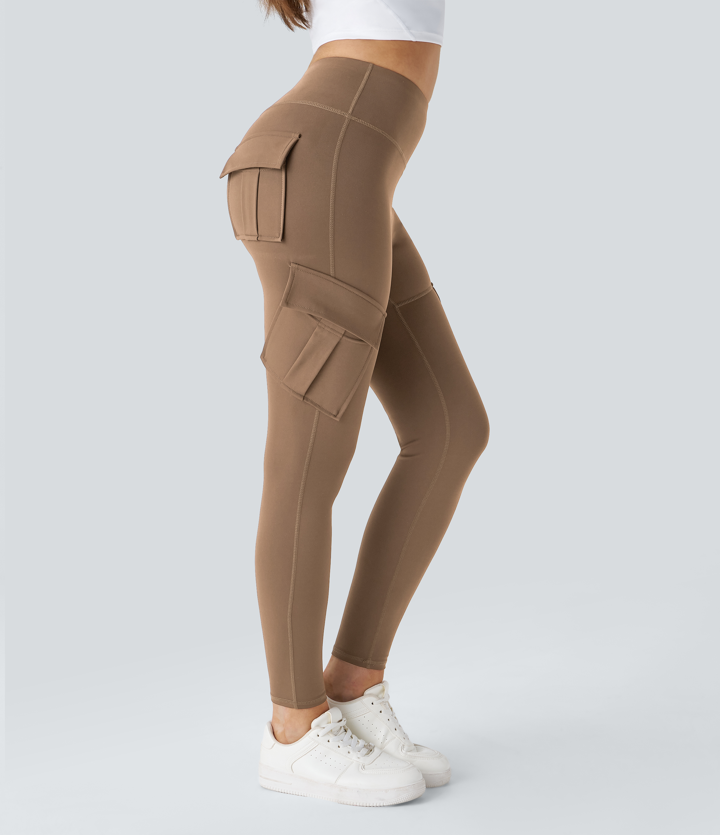 Halara High Waisted Cargo Pocket Skinny Yoga Leggings  - Burro - XL(7/8) gym leggings leggings with pockets leggings with butt lift 