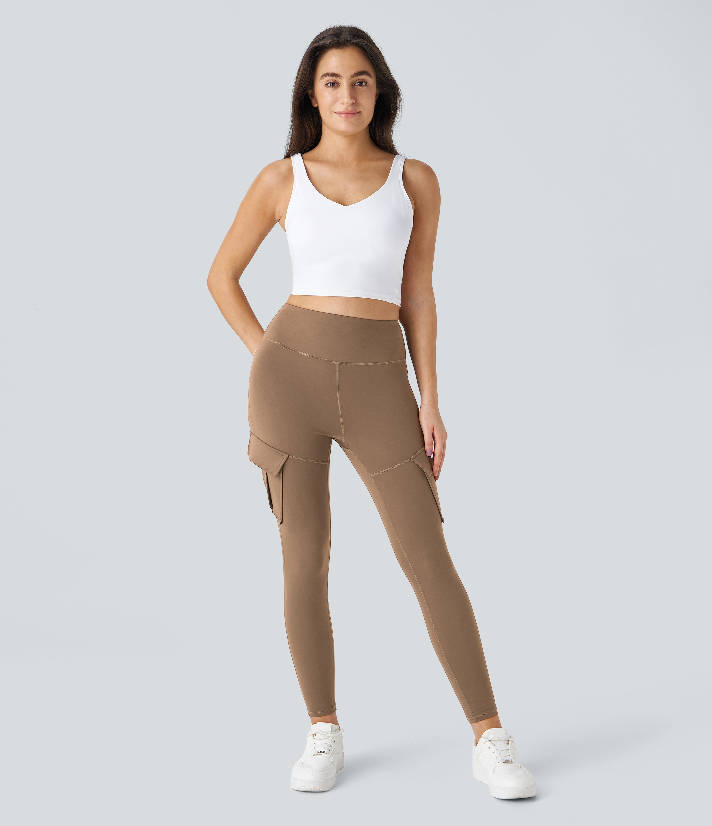 Halara High Waisted Cargo Pocket Skinny Yoga Leggings  - Burro - XL(7/8) gym leggings leggings with pockets leggings with butt lift 