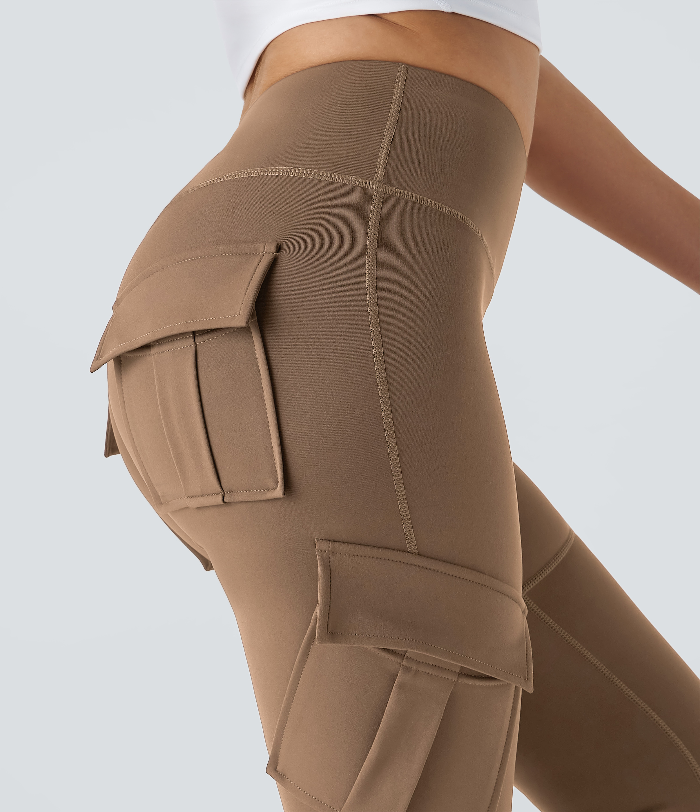 Halara High Waisted Cargo Pocket Skinny Yoga Leggings  - Burro - XL(7/8) gym leggings leggings with pockets leggings with butt lift 