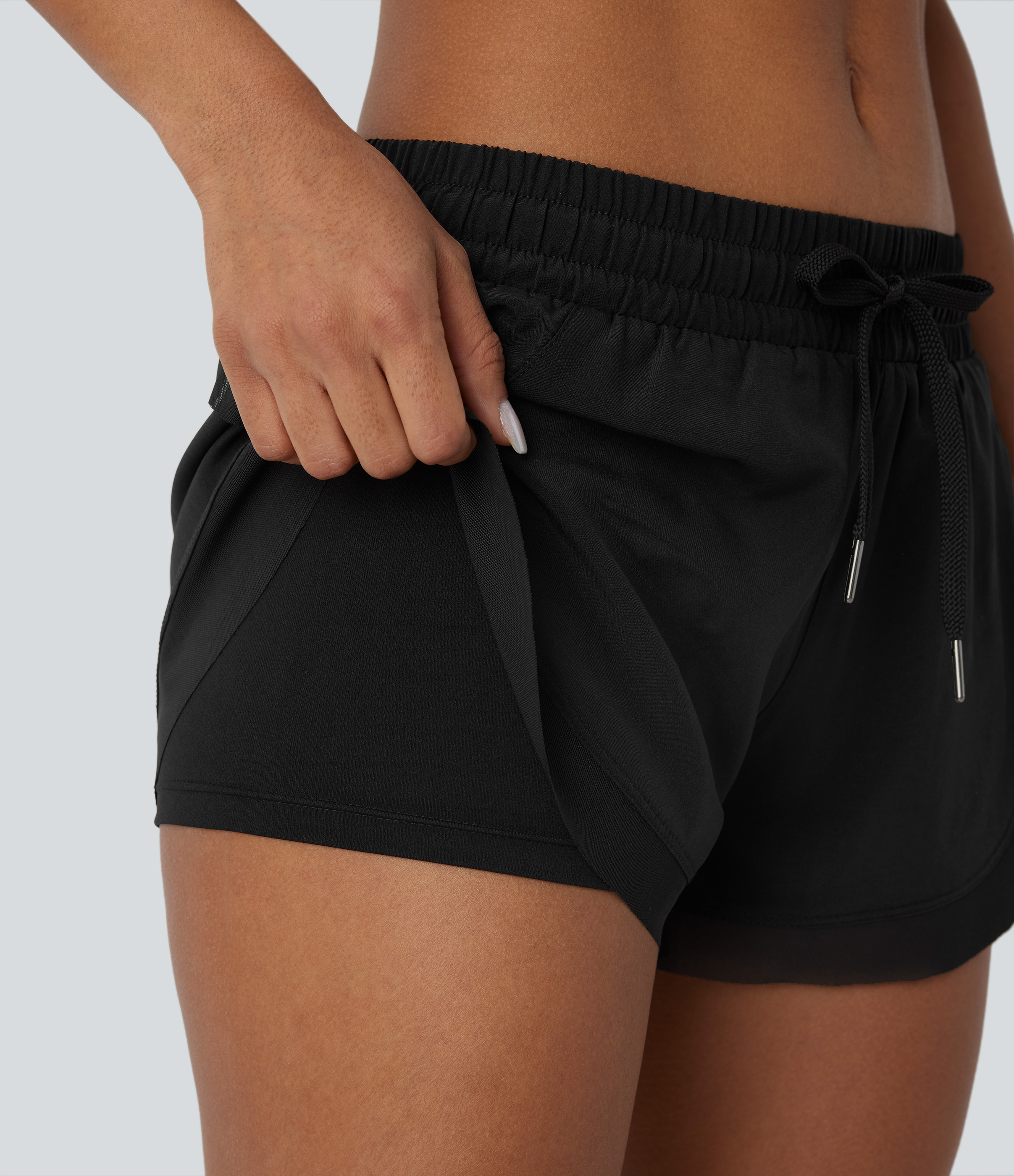 Halara Low Rise Drawstring Contrast Mesh 2-in-1 Flowy Running Shorts Gym Short - Black - L(regular) booty shorts compression shorts 