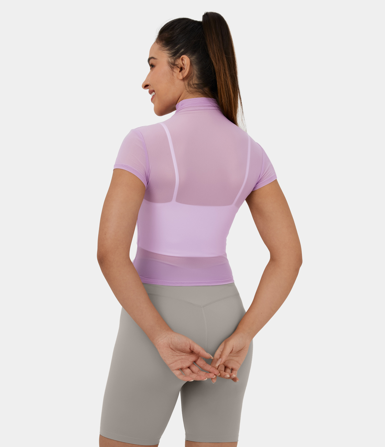 Halara Mock Neck Short Sleeve Mesh Plain Casual Top Tank Top - Orchid Bouquet - S golf tops halter top tunic tops sleeveless tops 