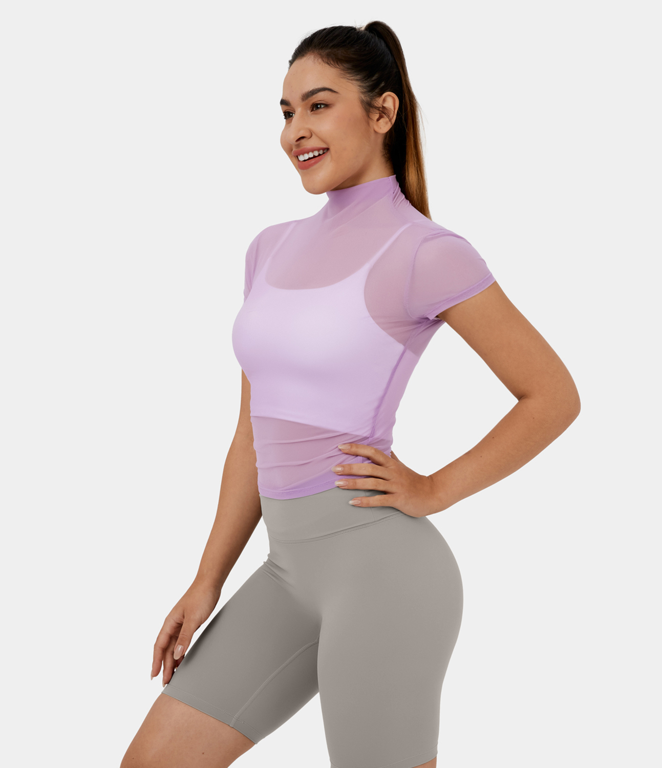 Halara Mock Neck Short Sleeve Mesh Plain Casual Top Tank Top - Orchid Bouquet - S golf tops halter top tunic tops sleeveless tops 