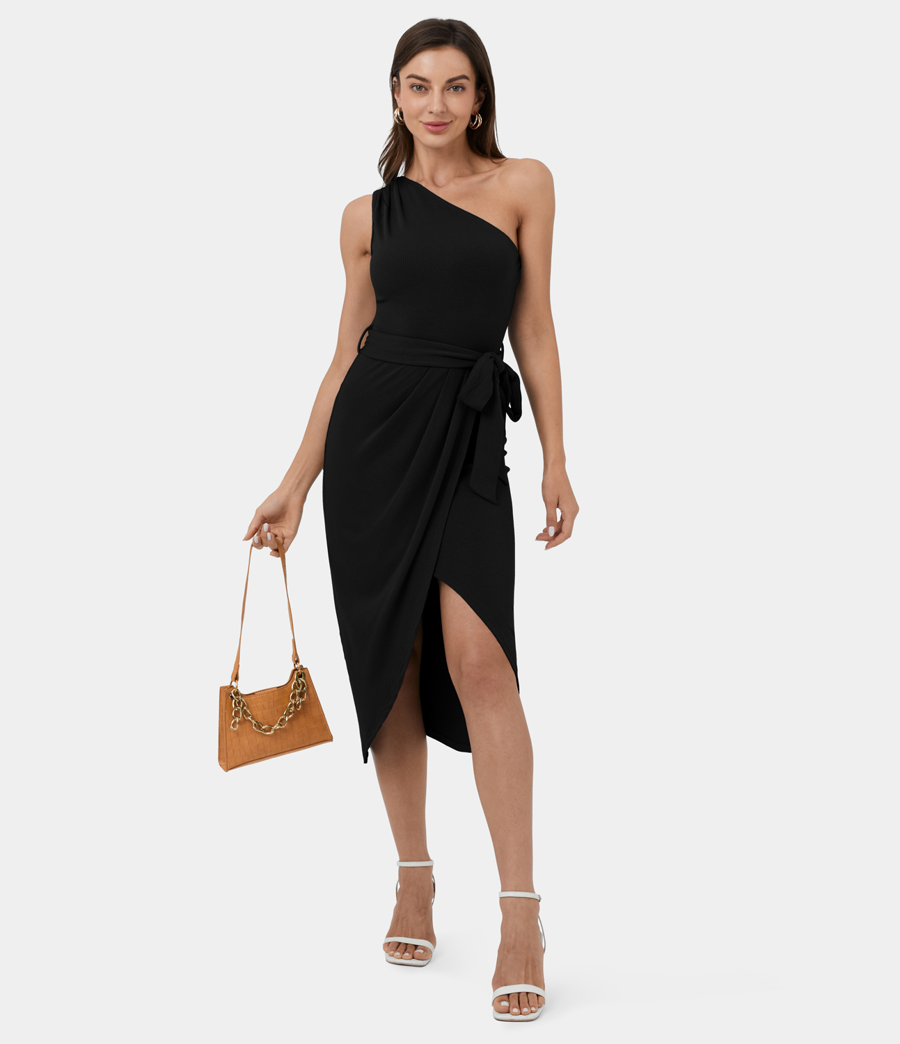 

Halara One Shoulder Sleeveless Belted Plicated Split Midi Casual Dress Casual Dress - Black -  slip dress beach dress ruched dress