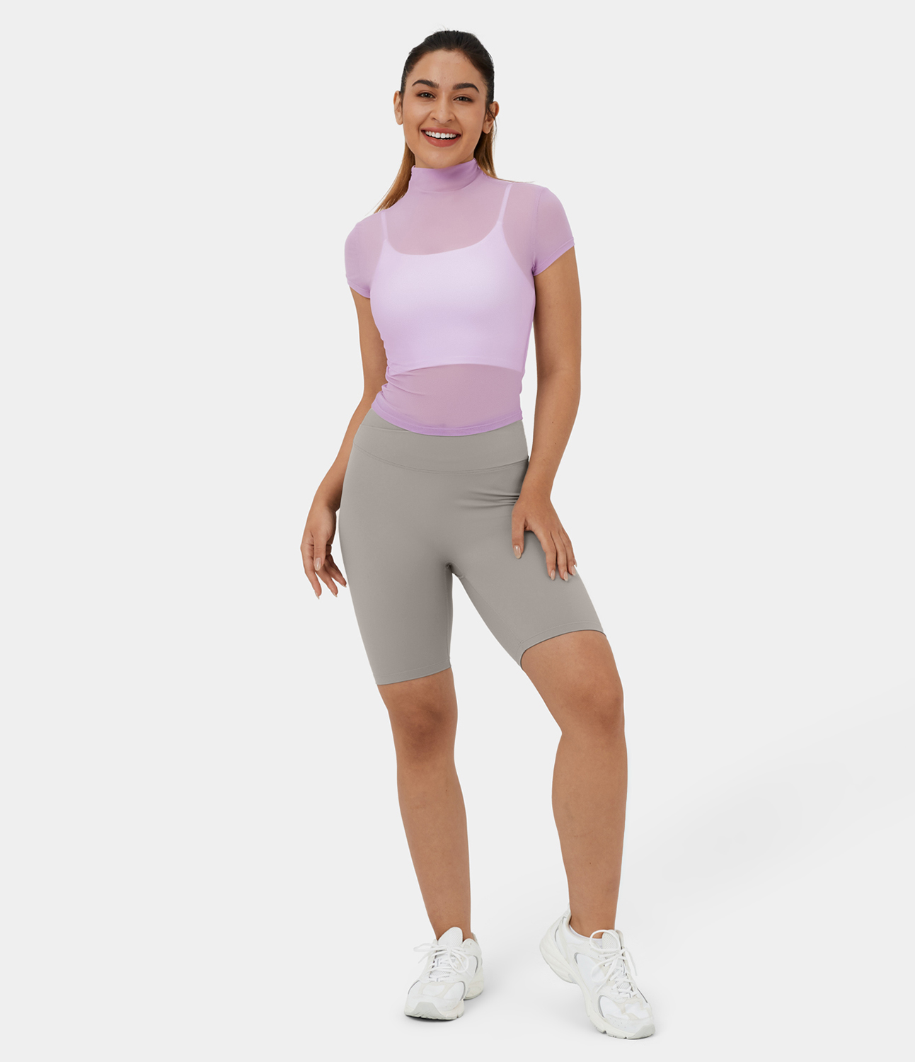 Halara Mock Neck Short Sleeve Mesh Plain Casual Top Tank Top - Orchid Bouquet - S golf tops halter top tunic tops sleeveless tops 