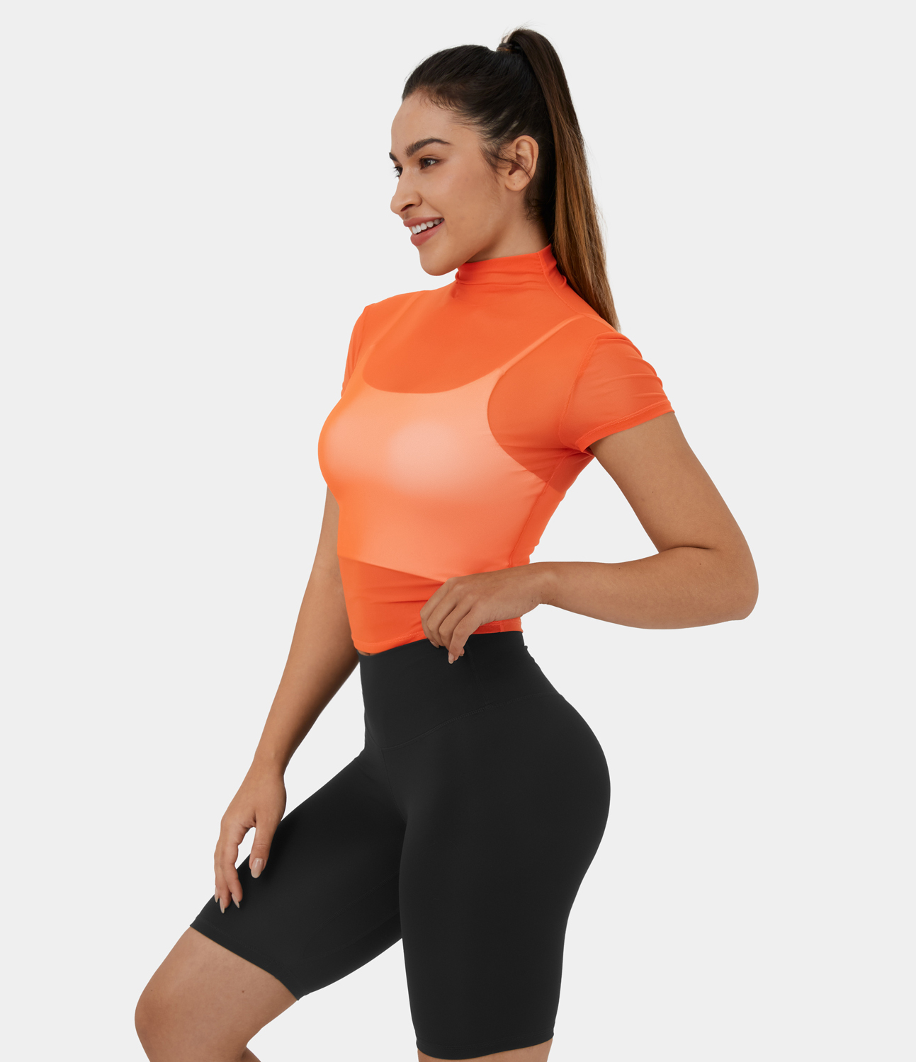 Halara Mock Neck Short Sleeve Mesh Plain Casual Top Tank Top - Puffin`s Bill - M golf tops halter top tunic tops sleeveless tops backless top 