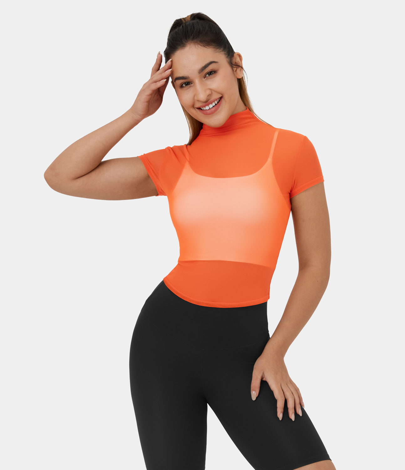 Halara Mock Neck Short Sleeve Mesh Plain Casual Top Tank Top - Puffin`s Bill - M golf tops halter top tunic tops sleeveless tops backless top 