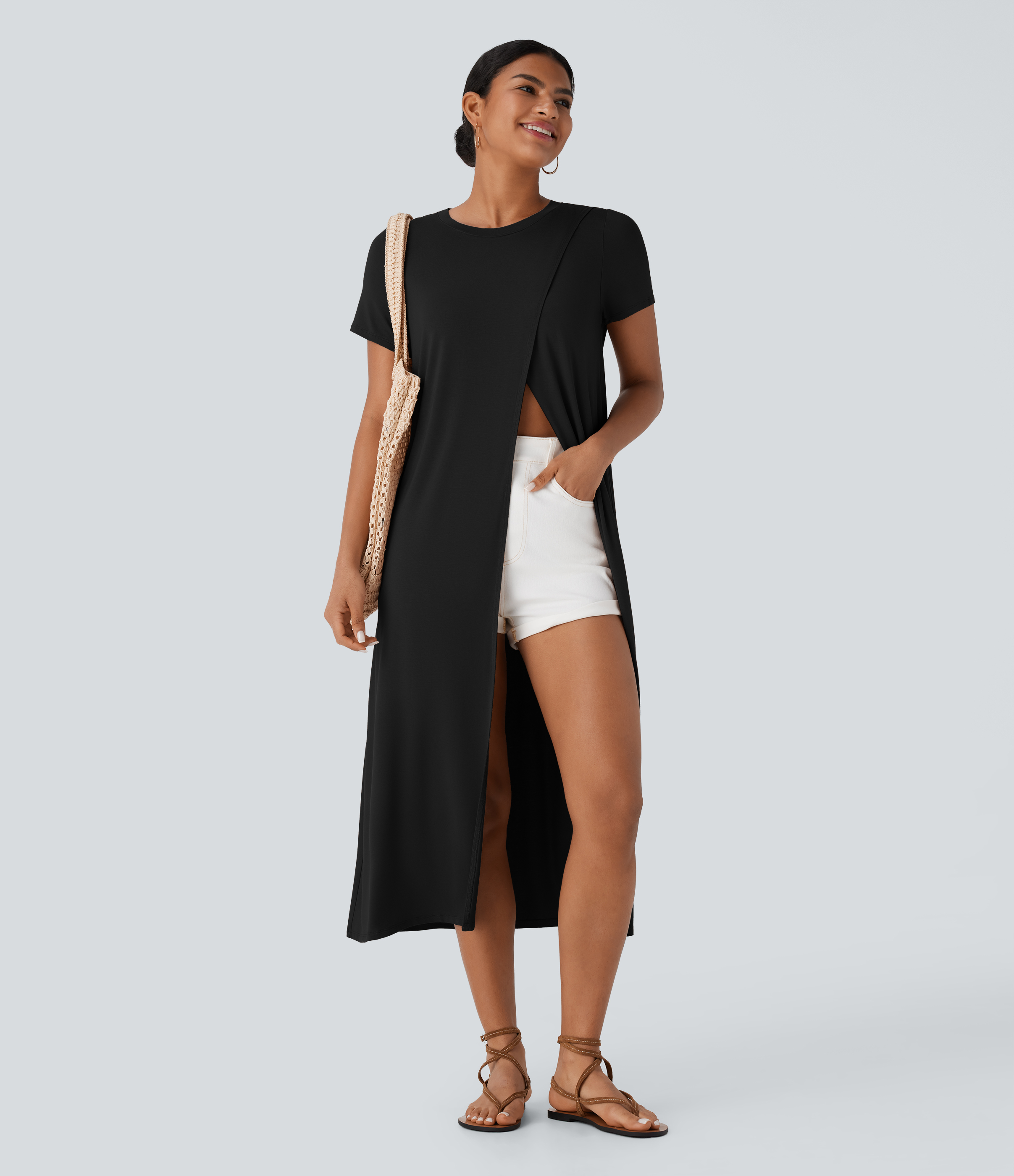 Halara Crossover Split Hem Longline Resort Top Tank Top - Black - XS golf tops halter top tunic tops sleeveless tops backless top 