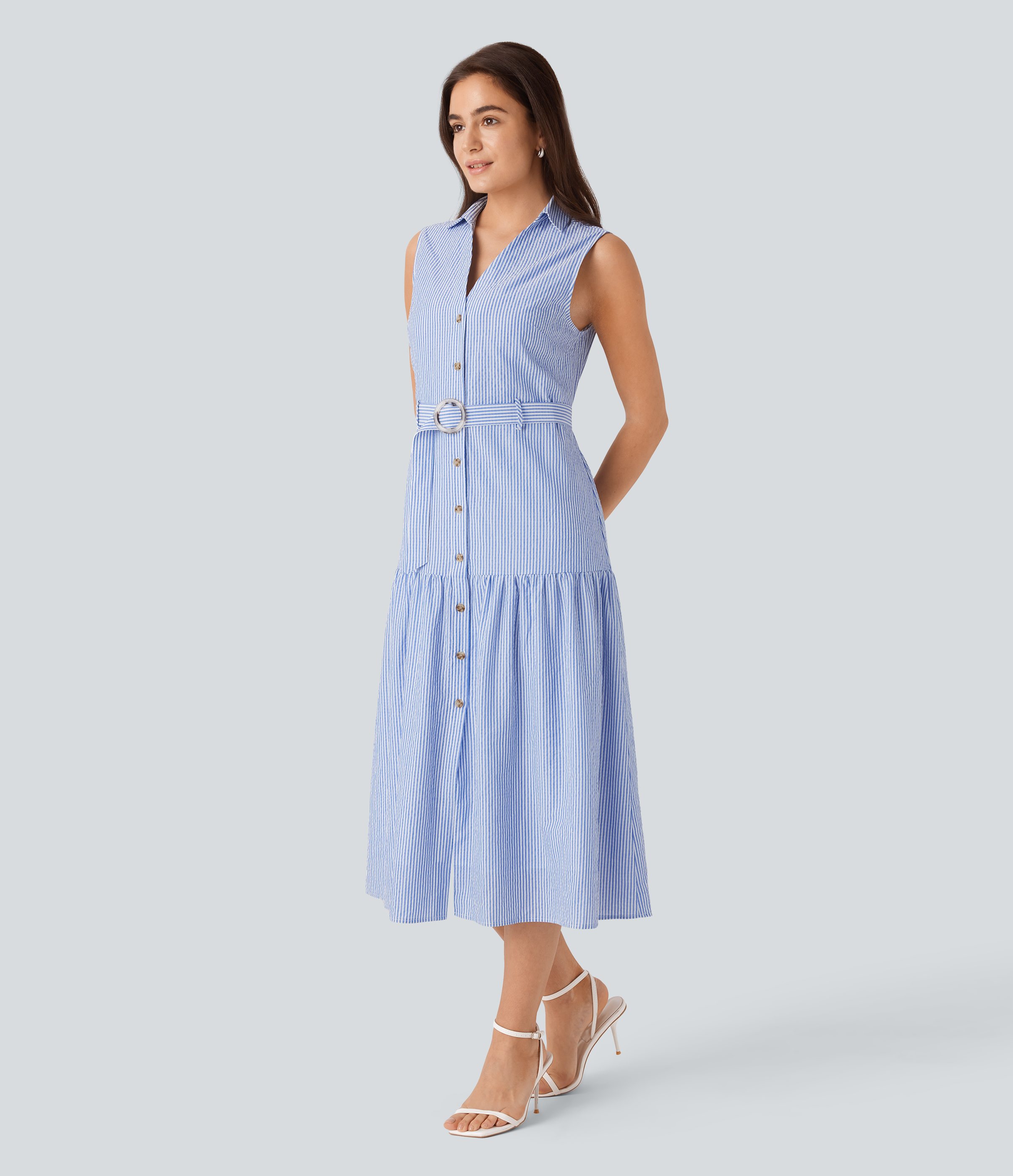 Halara Collared V Neck Sleeveless Button Belted Stripe Midi Work Dress Casual Dress - Seven Seas - Nautical Blue & White Stripes - XL 