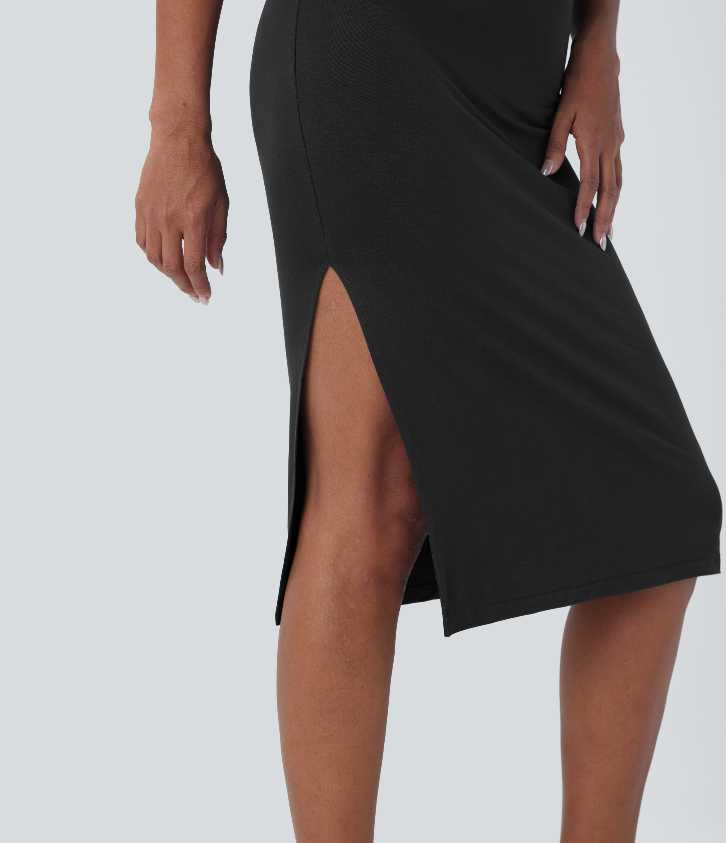 Halara Sleeveless Ruched Split Bodycon Midi Casual Dress Casual Dress - Black - XL slip dress beach dress ruched dress halter dress 