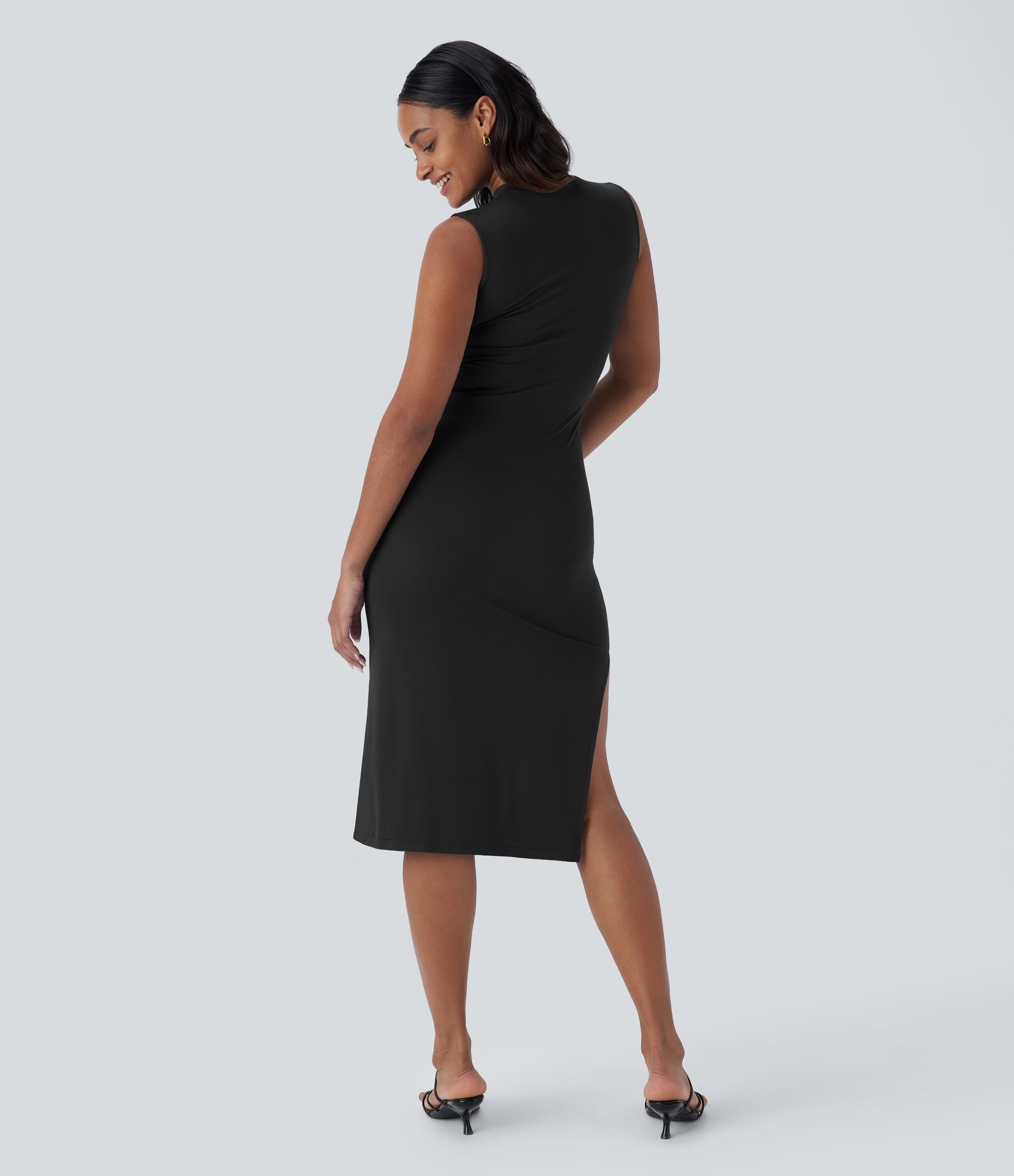 Halara Sleeveless Ruched Split Bodycon Midi Casual Dress Casual Dress - Black - XL slip dress beach dress ruched dress halter dress 