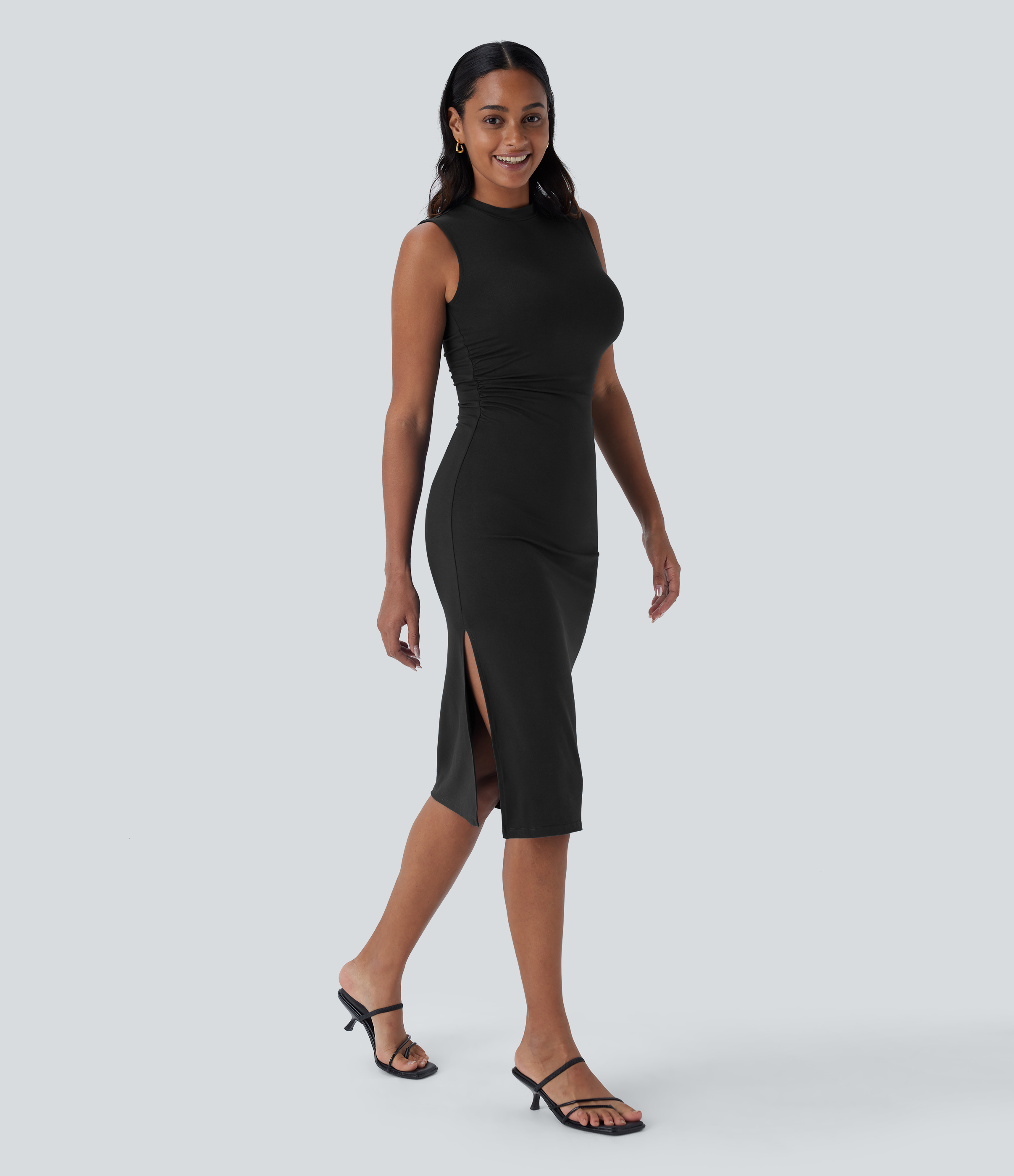 Halara Sleeveless Ruched Split Bodycon Midi Casual Dress Casual Dress - Black - XL slip dress beach dress ruched dress halter dress 