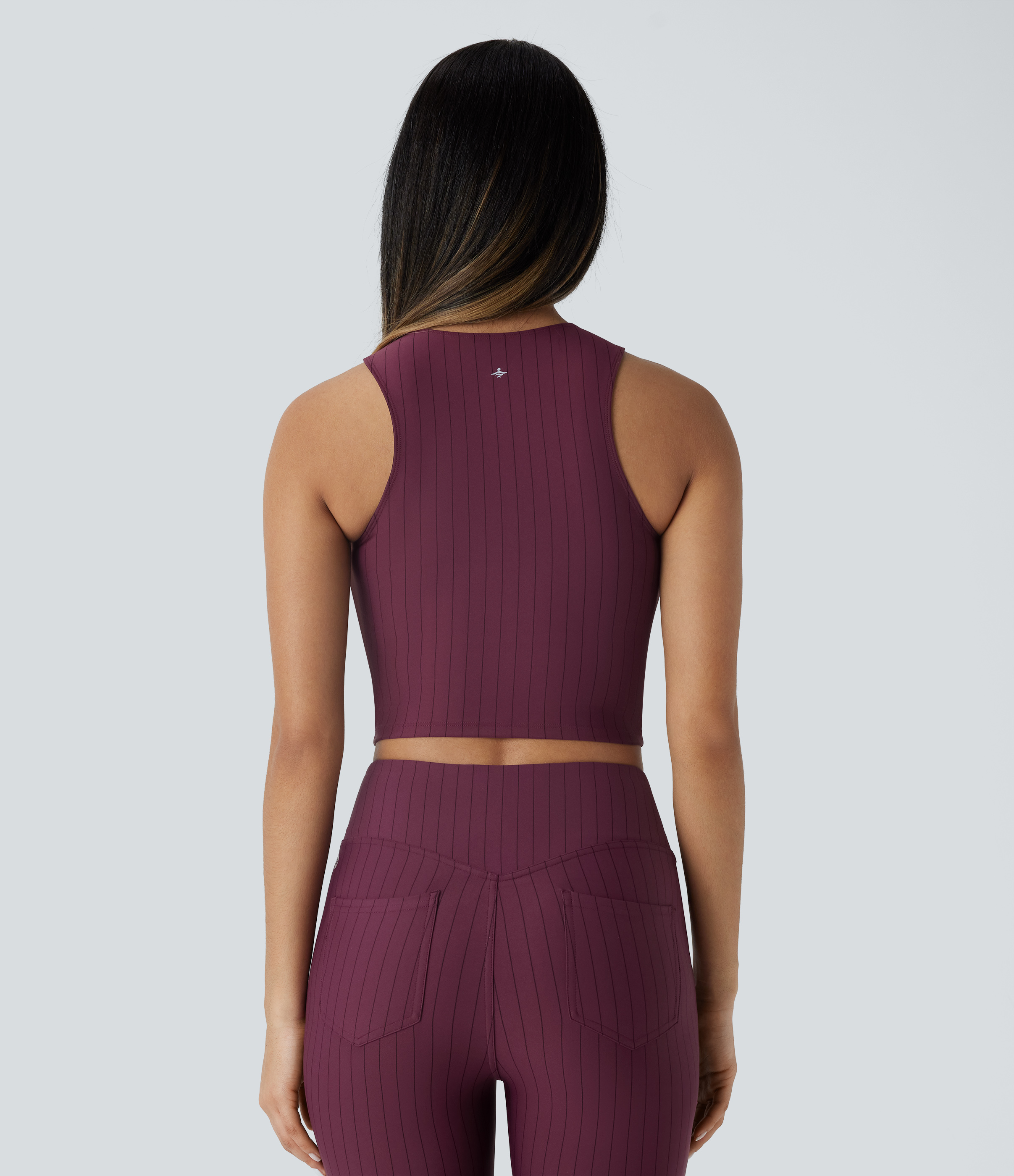 Halara Ruched Stripe Cropped Cool Touch Yoga Sports Top  - Wine Red and Black Stripe - L 