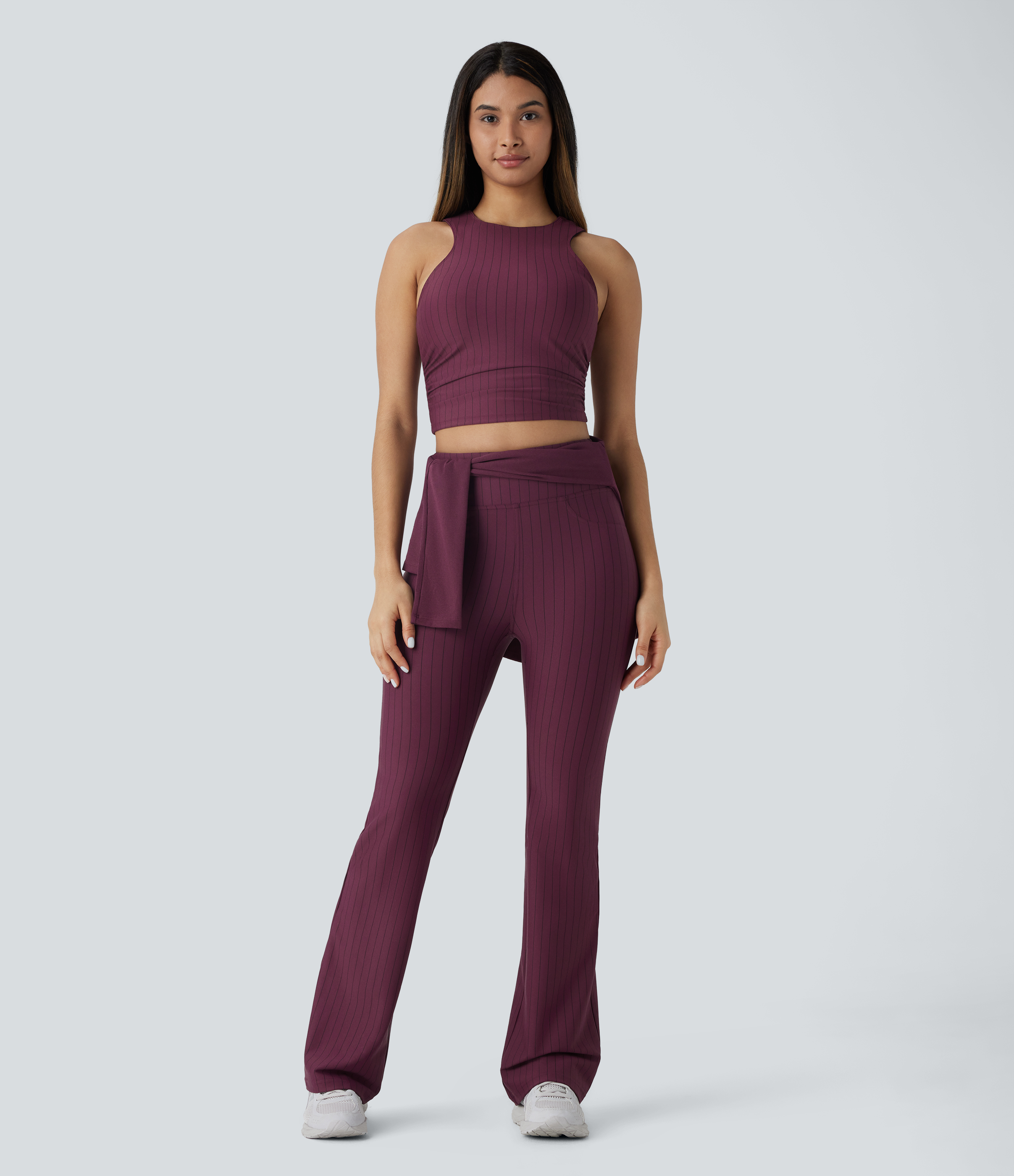 Halara Ruched Stripe Cropped Cool Touch Yoga Sports Top  - Wine Red and Black Stripe - L 
