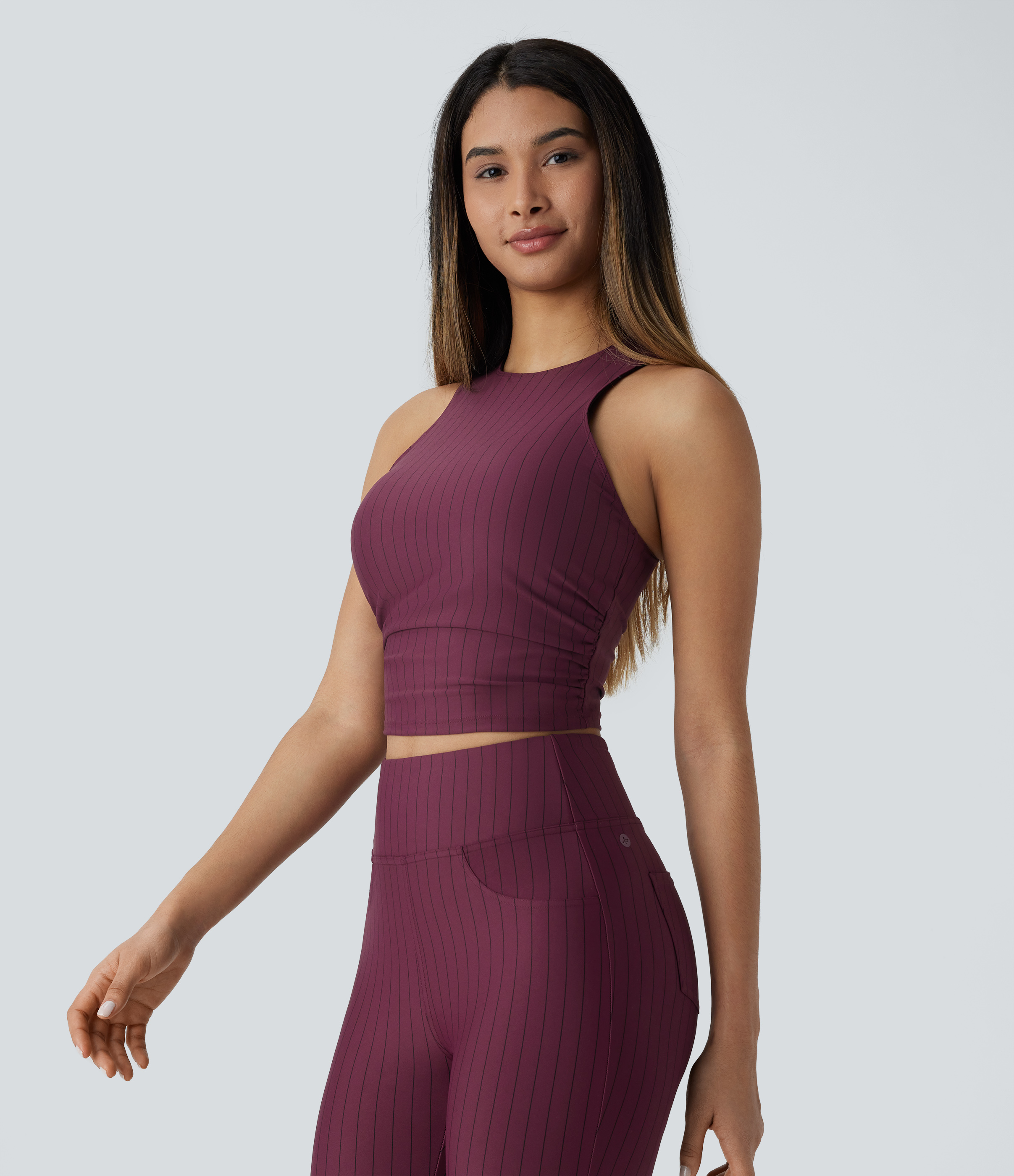 Halara Ruched Stripe Cropped Cool Touch Yoga Sports Top  - Wine Red and Black Stripe - L 