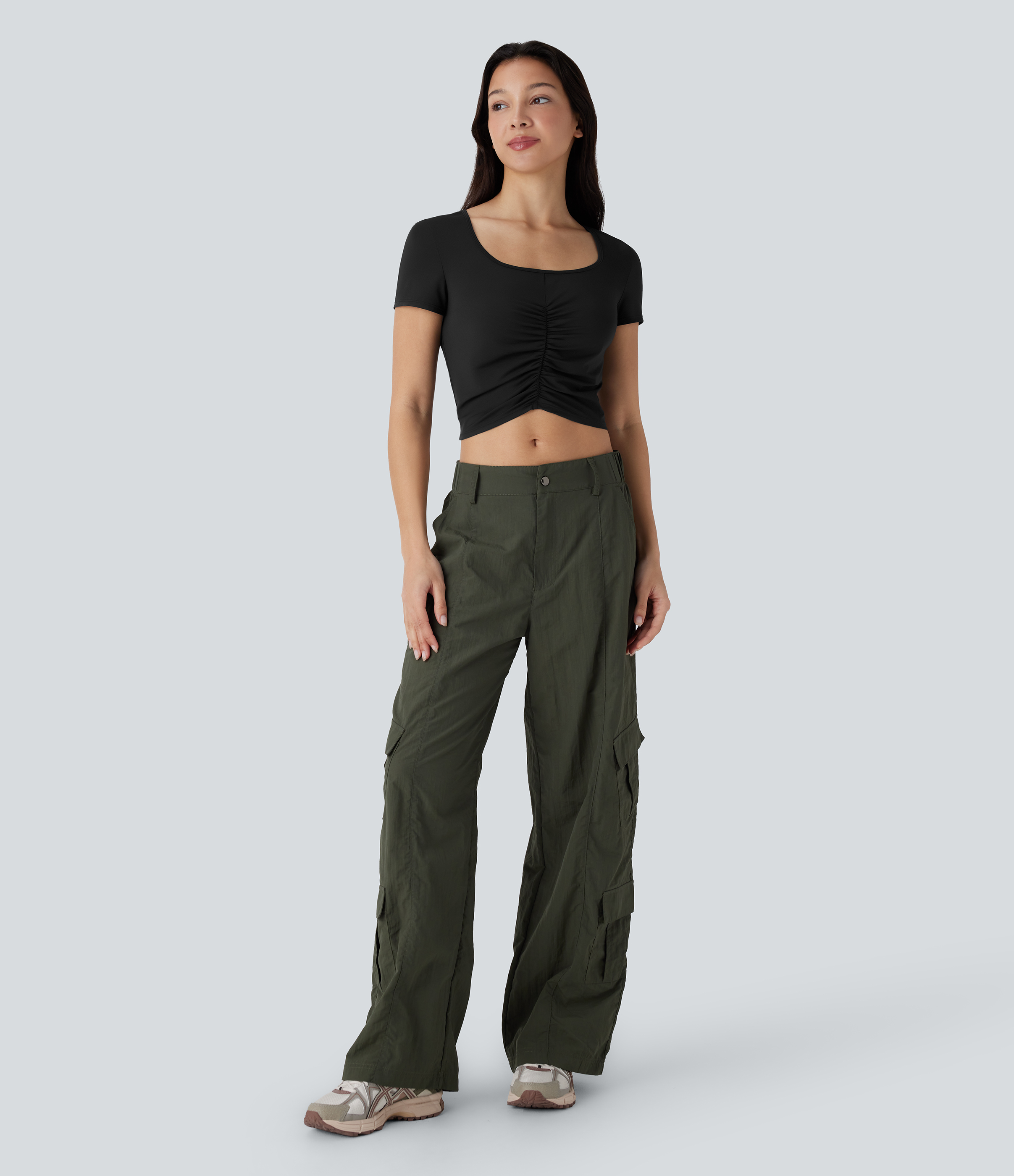 Halara Square Neck Short Sleeve Ruched Cropped Hiking Sports Top-UPF40+  - Black - XL 