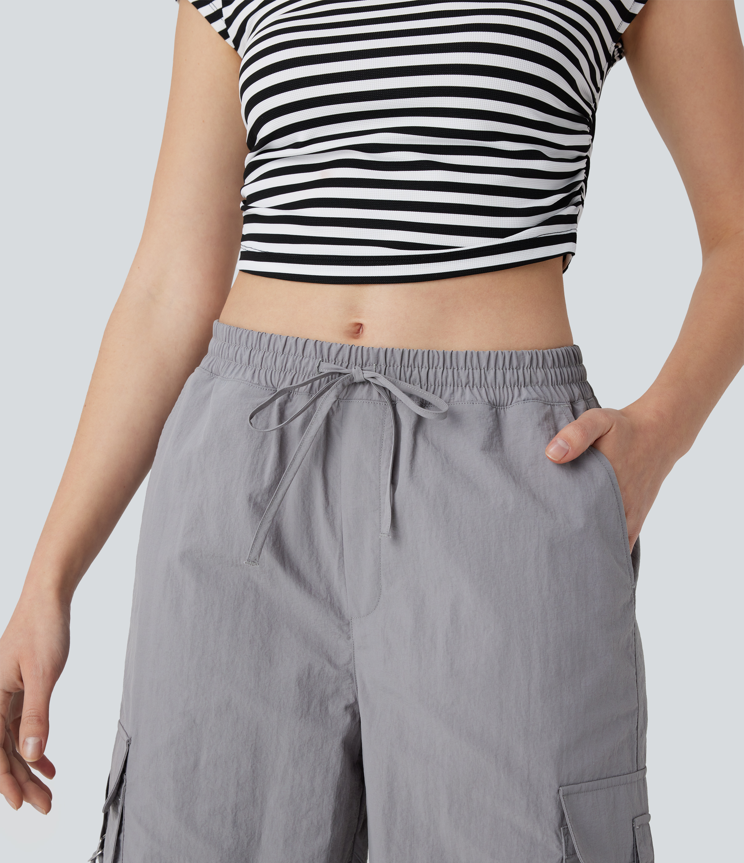Halara Mid Rise Drawstring Multiple Pockets Adjustable Drawcord Baggy Casual Cargo Pants  - Wet Weather - L(regular) sweatpants jogger pants 