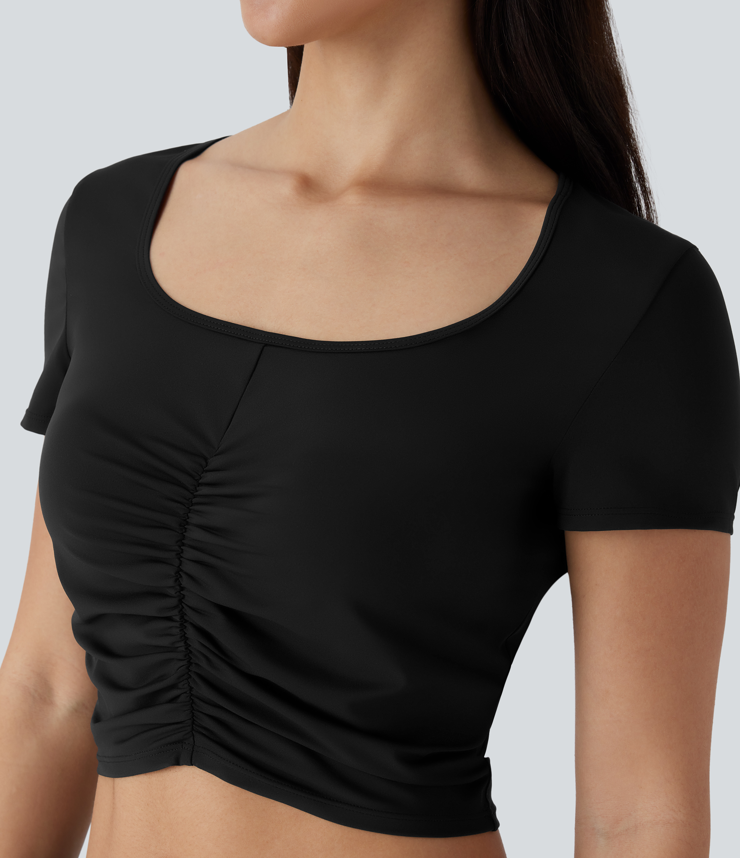 Halara Square Neck Short Sleeve Ruched Cropped Hiking Sports Top-UPF40+  - Black - XL 
