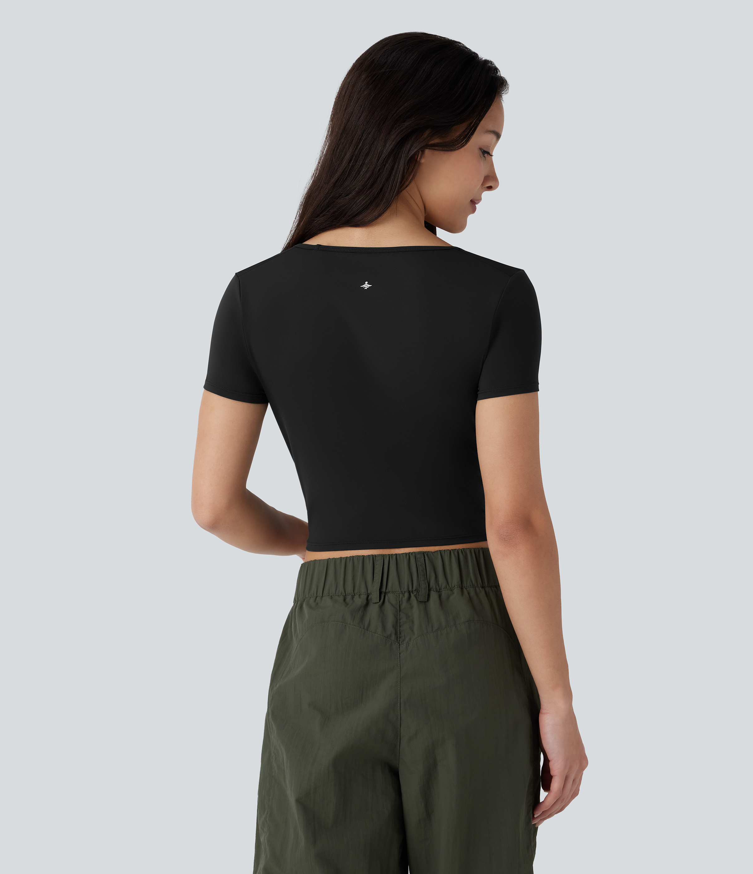 Halara Square Neck Short Sleeve Ruched Cropped Hiking Sports Top-UPF40+  - Black - XL 