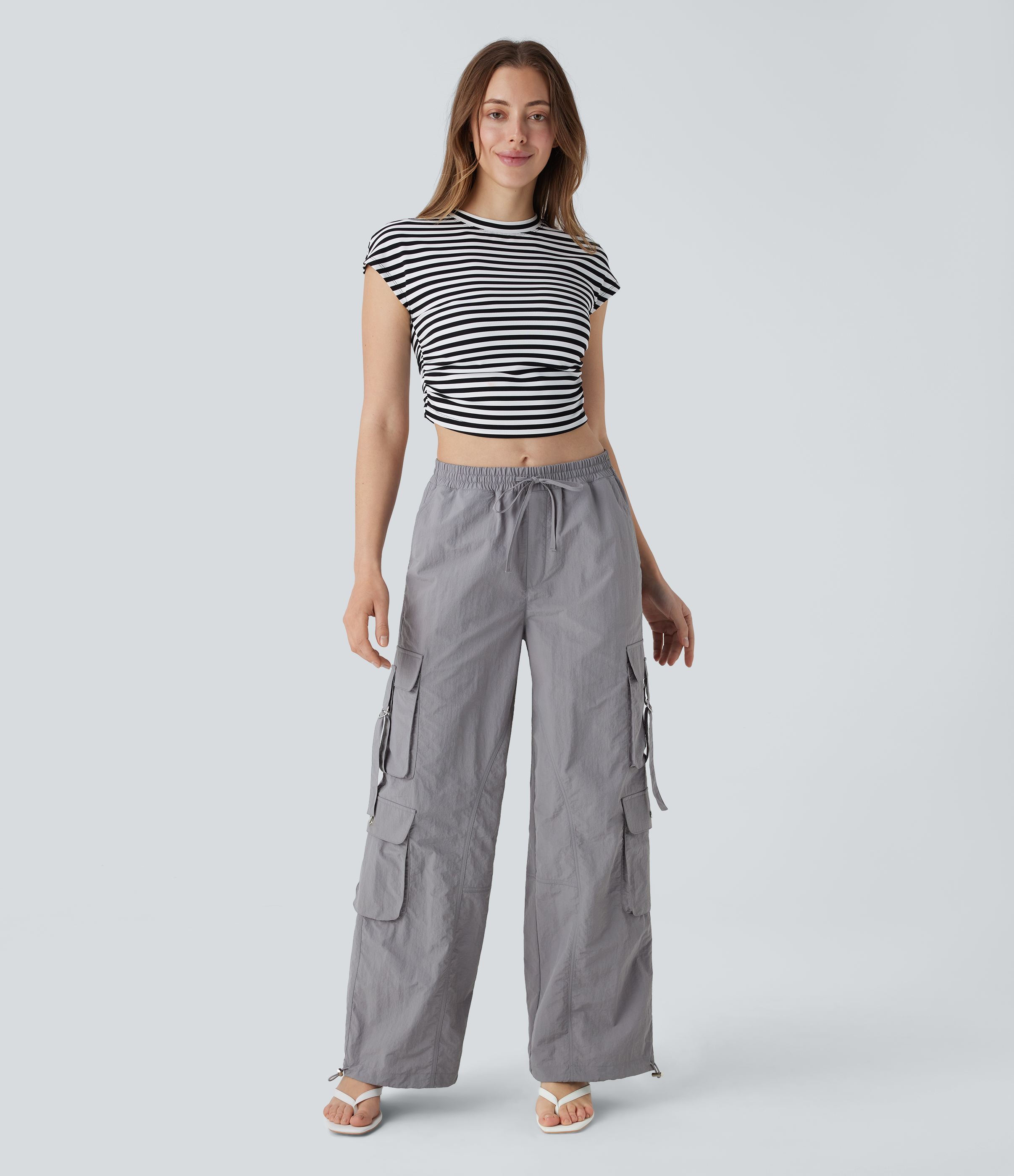 Halara Mid Rise Drawstring Multiple Pockets Adjustable Drawcord Baggy Casual Cargo Pants  - Wet Weather - L(regular) sweatpants jogger pants 