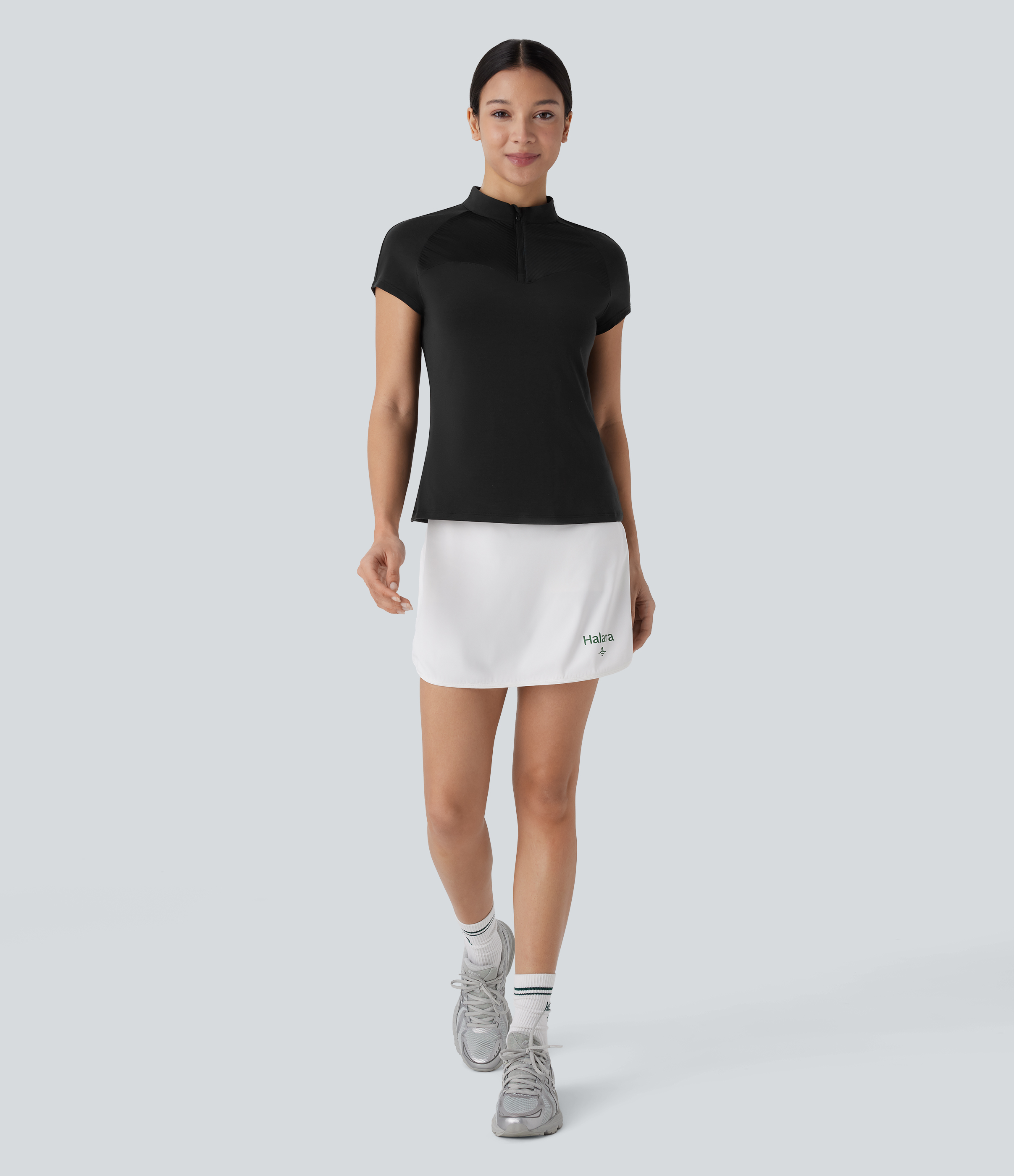 Halara Stand Collar Zipper Contrast Mesh Quick Dry Golf Sports Top  - Black - XS 