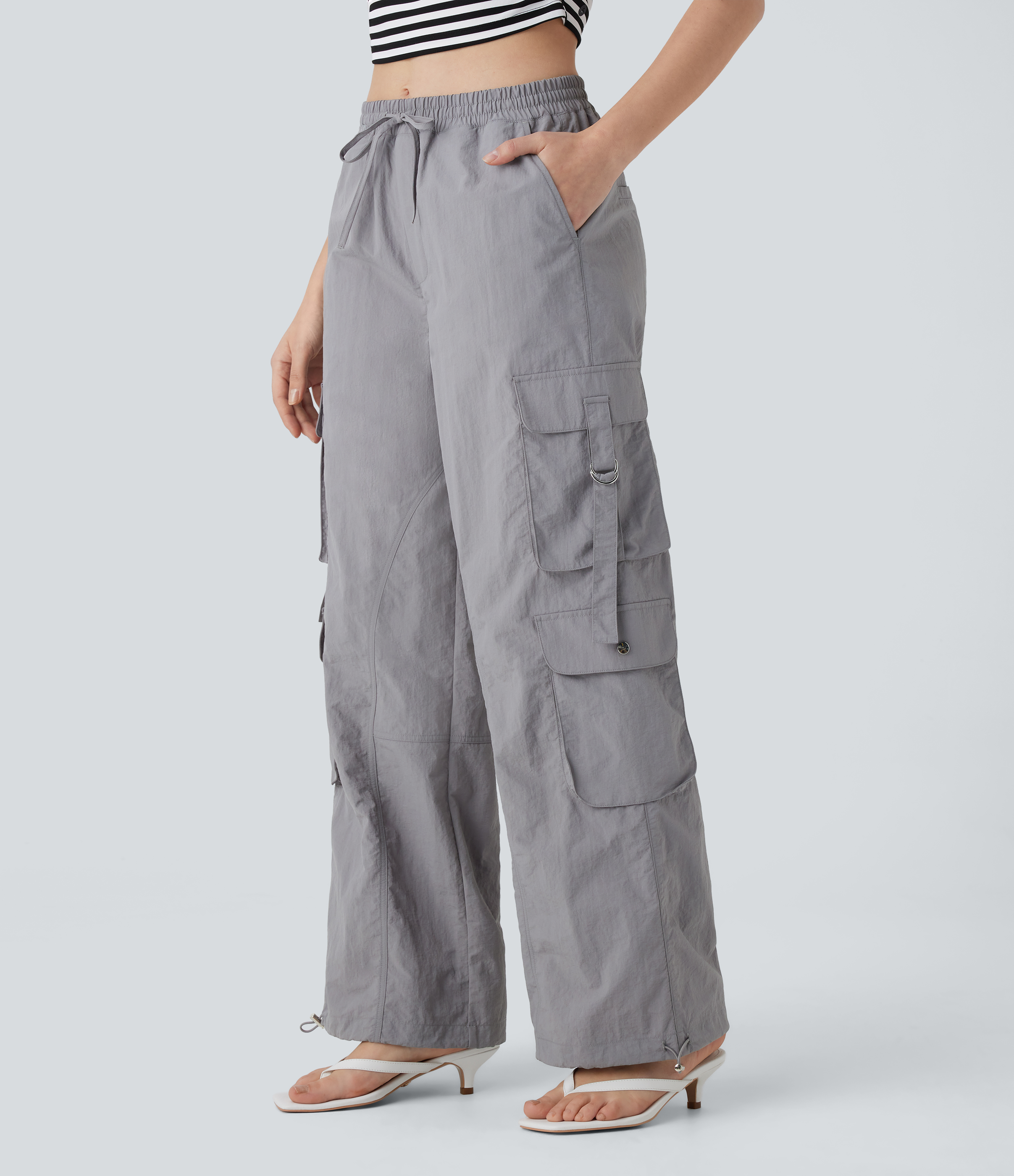 Halara Mid Rise Drawstring Multiple Pockets Adjustable Drawcord Baggy Casual Cargo Pants  - Wet Weather - L(regular) sweatpants jogger pants 
