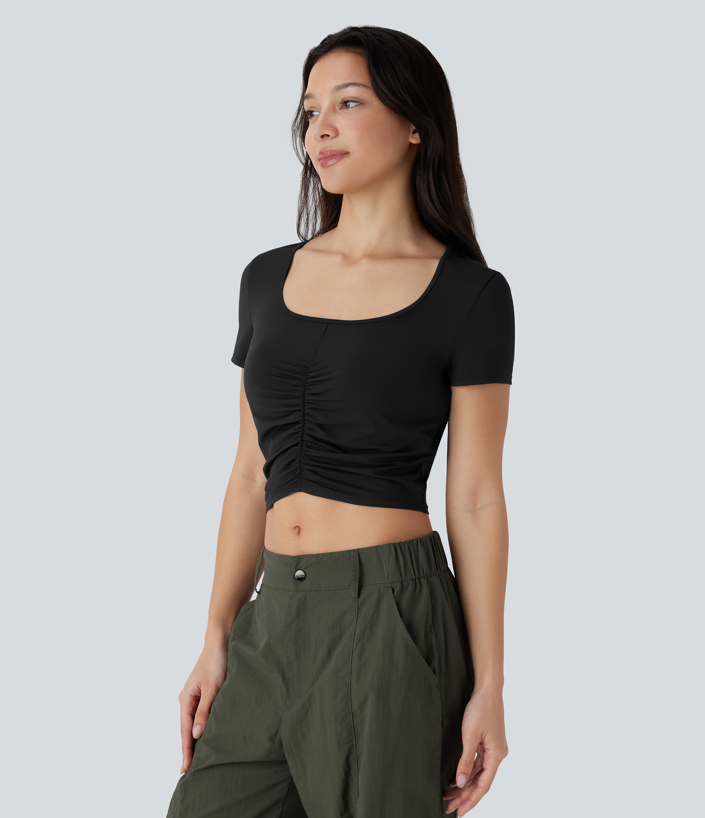 Halara Square Neck Short Sleeve Ruched Cropped Hiking Sports Top-UPF40+  - Black - XL 
