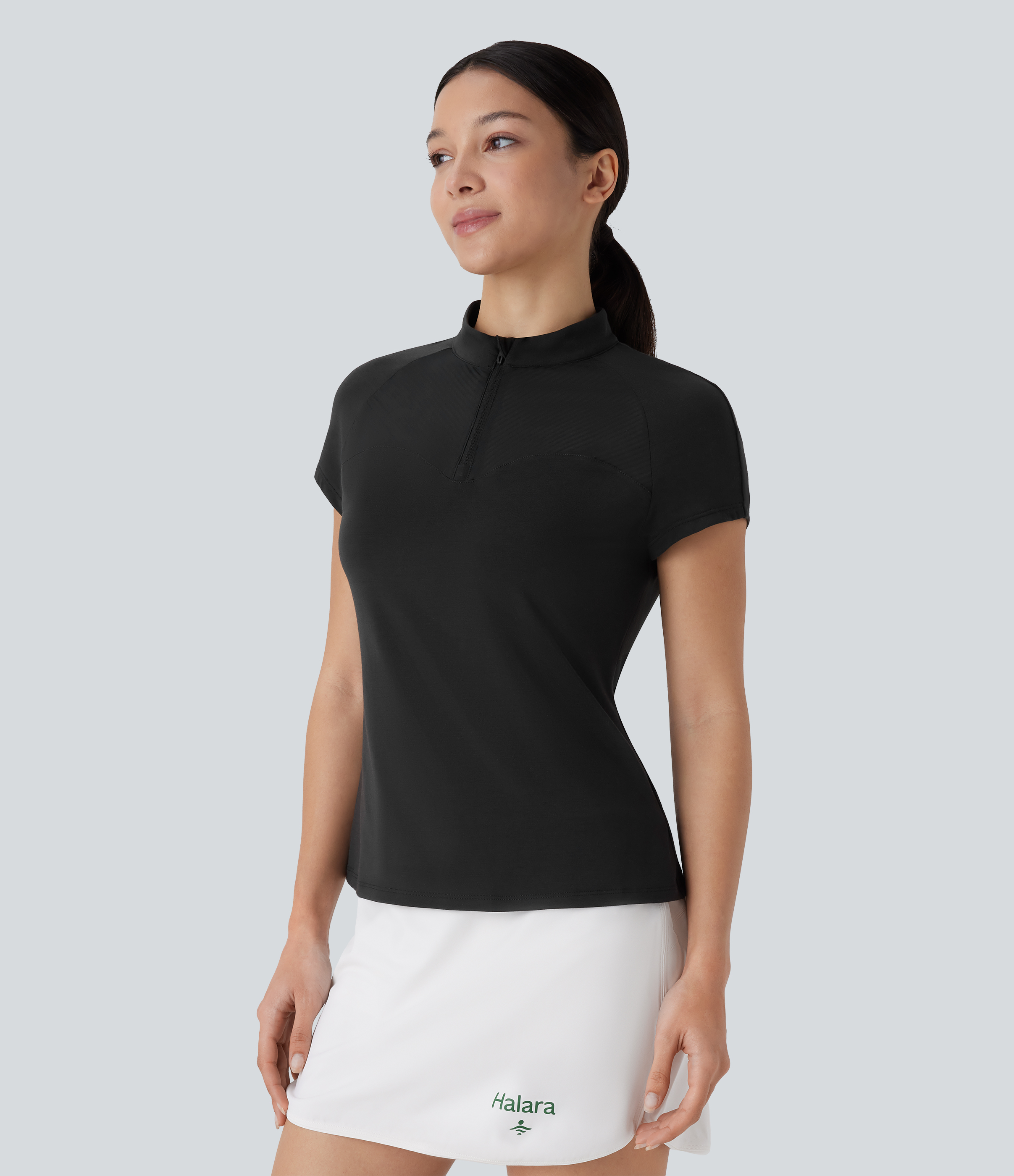Halara Stand Collar Zipper Contrast Mesh Quick Dry Golf Sports Top  - Black - XS 