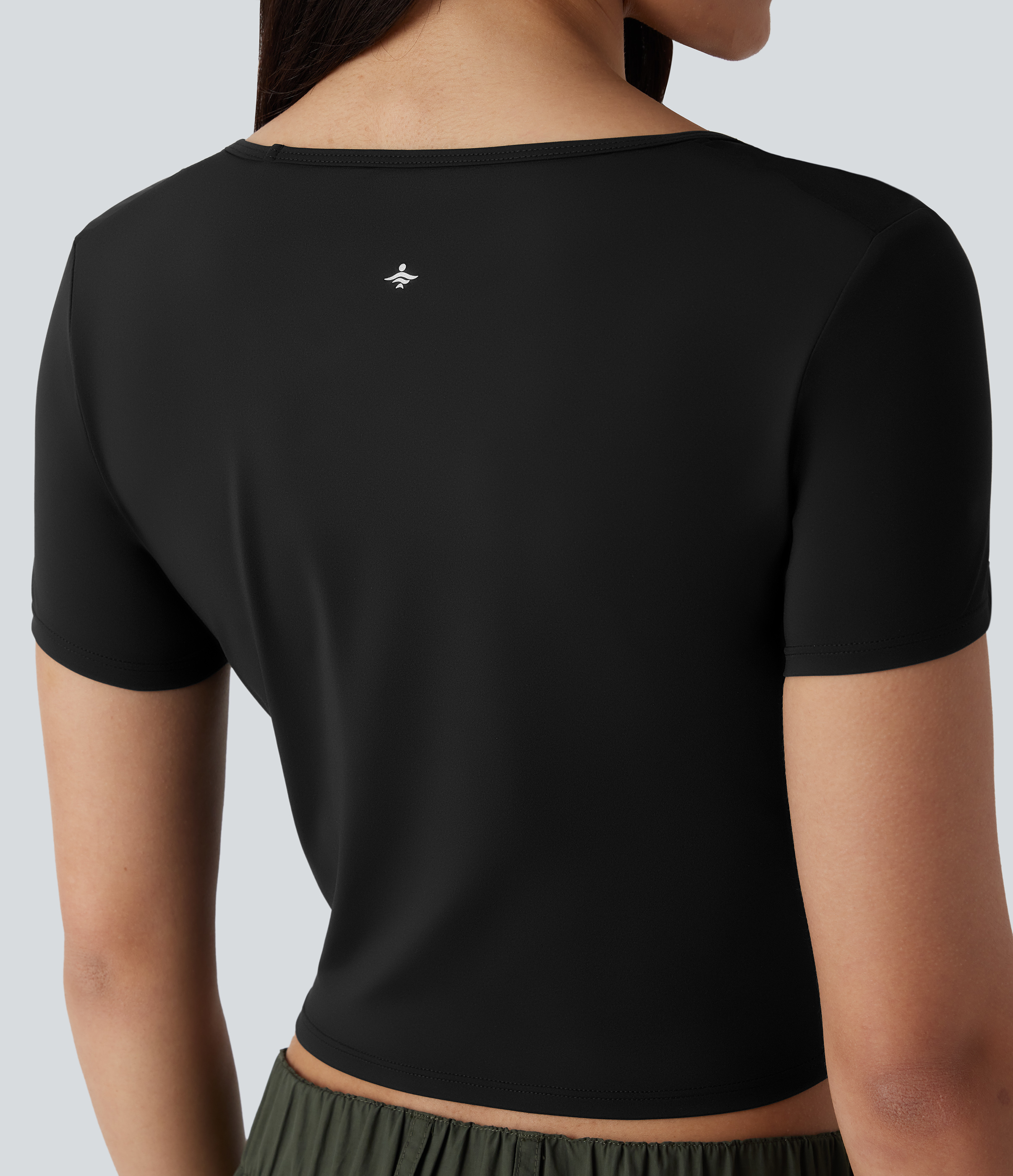 Halara Square Neck Short Sleeve Ruched Cropped Hiking Sports Top-UPF40+  - Black - XL 