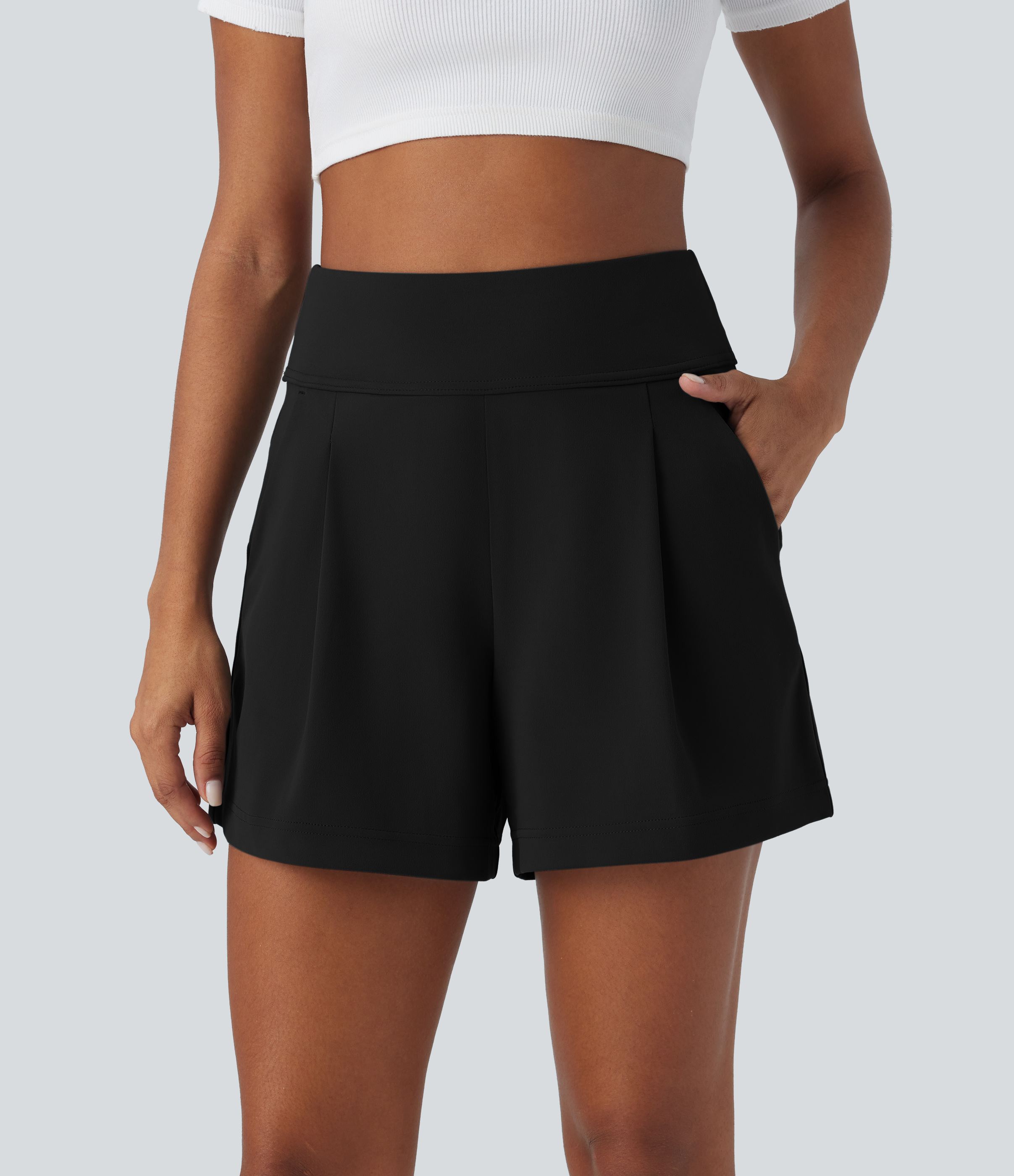 Halara High Waisted Plicated Side Pocket Wide Leg Work Shorts  - Black - L 