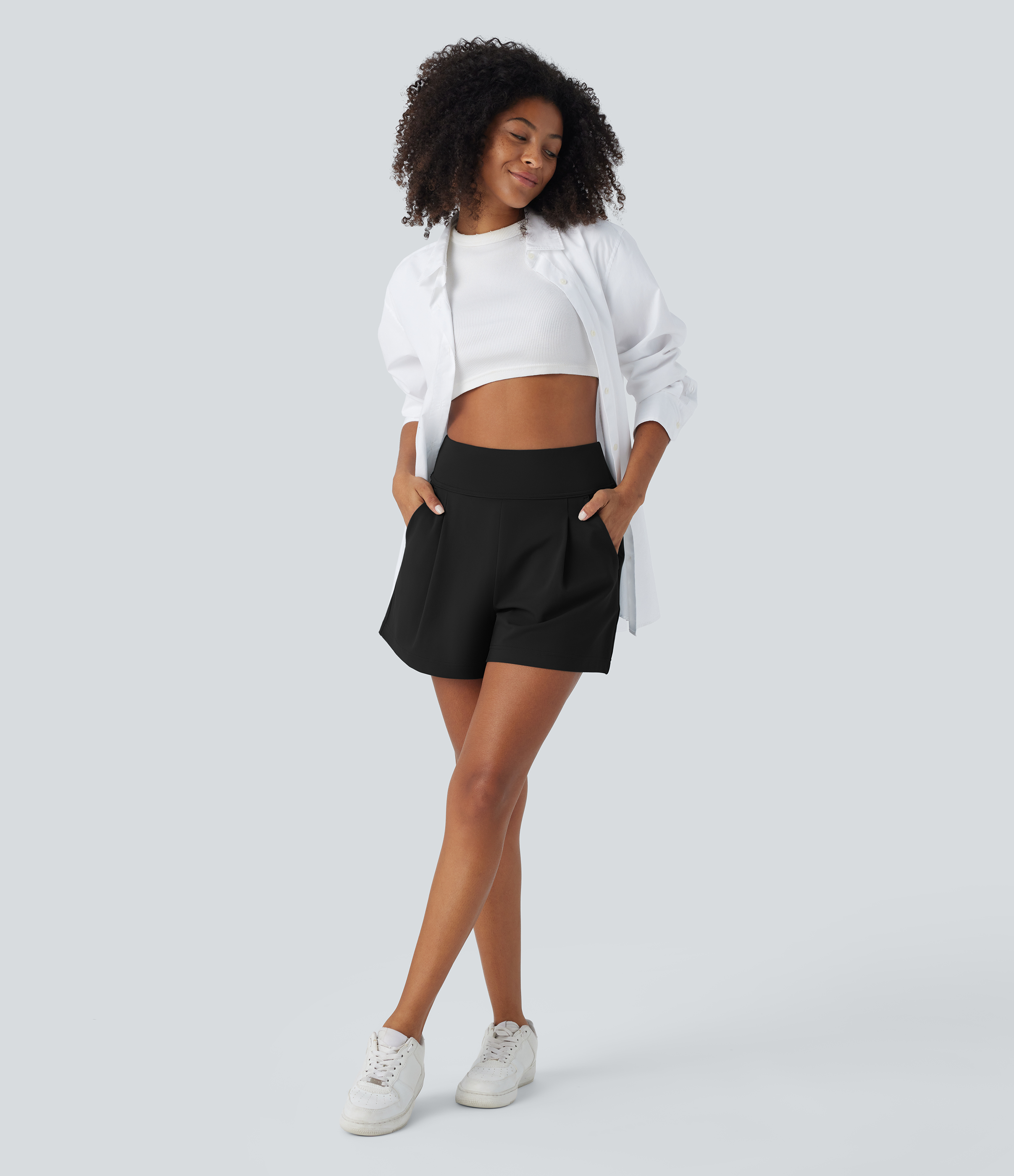 Halara High Waisted Plicated Side Pocket Wide Leg Work Shorts  - Black - L 