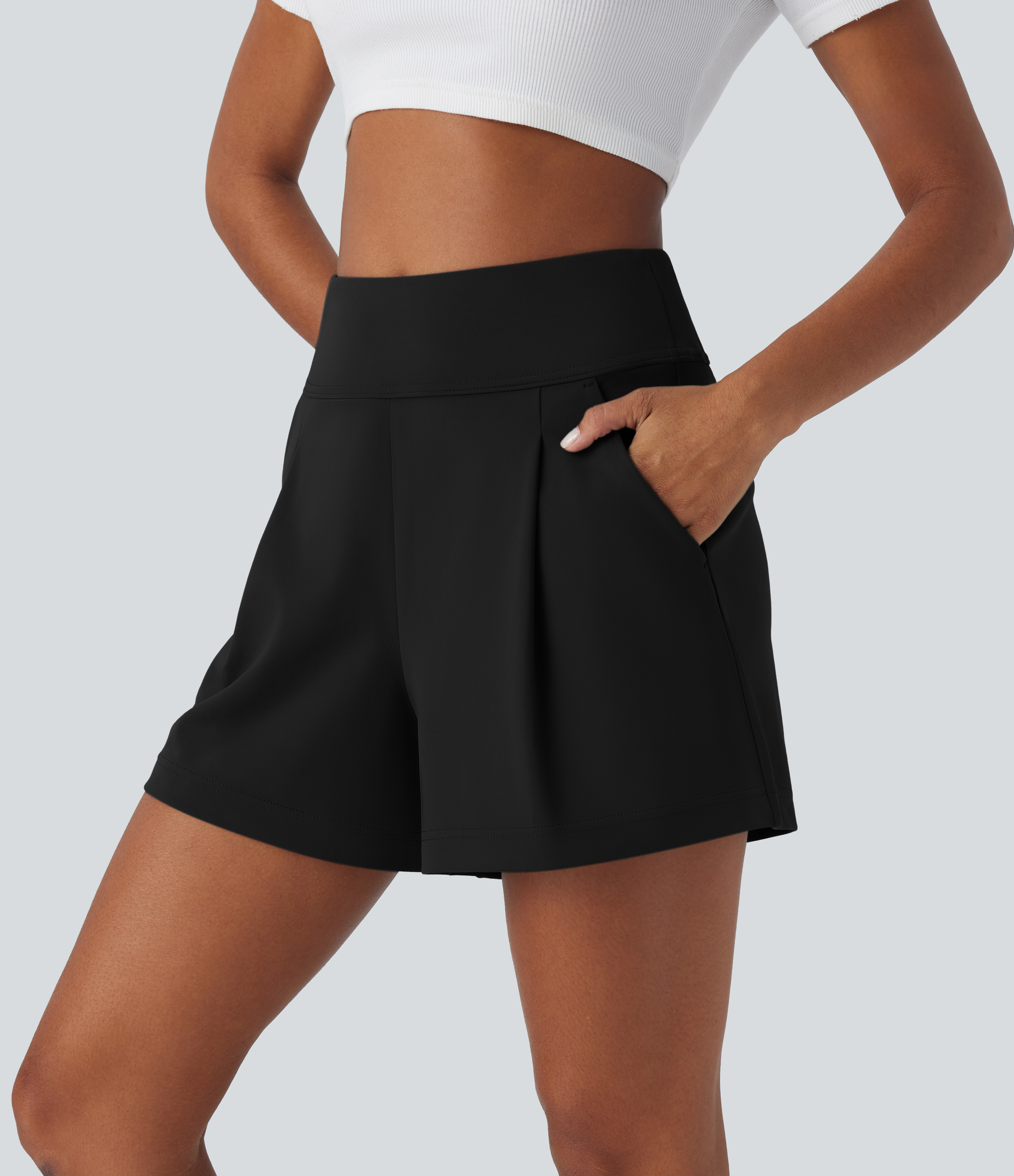 Halara High Waisted Plicated Side Pocket Wide Leg Work Shorts  - Black - L 