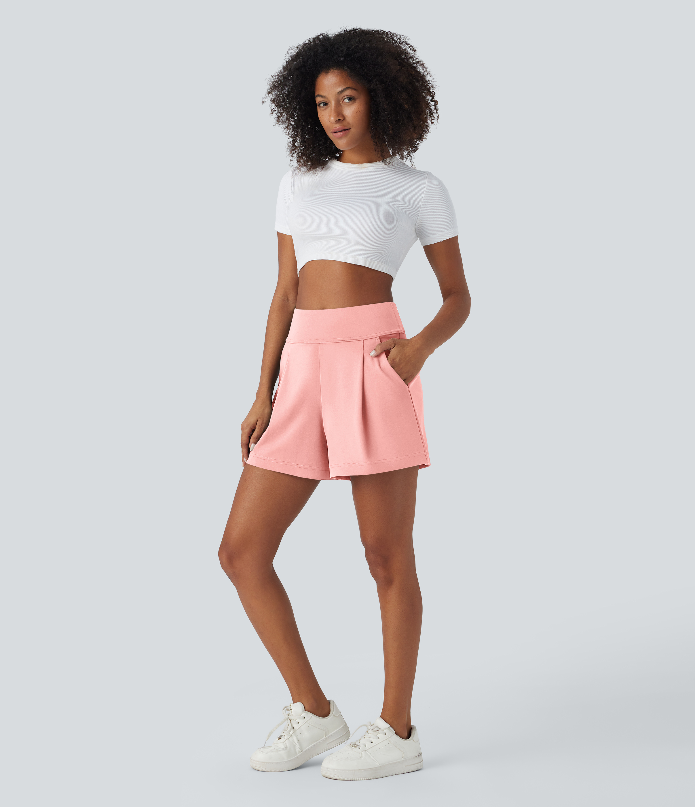Halara High Waisted Plicated Side Pocket Wide Leg Work Shorts  - Candy Pink - S 