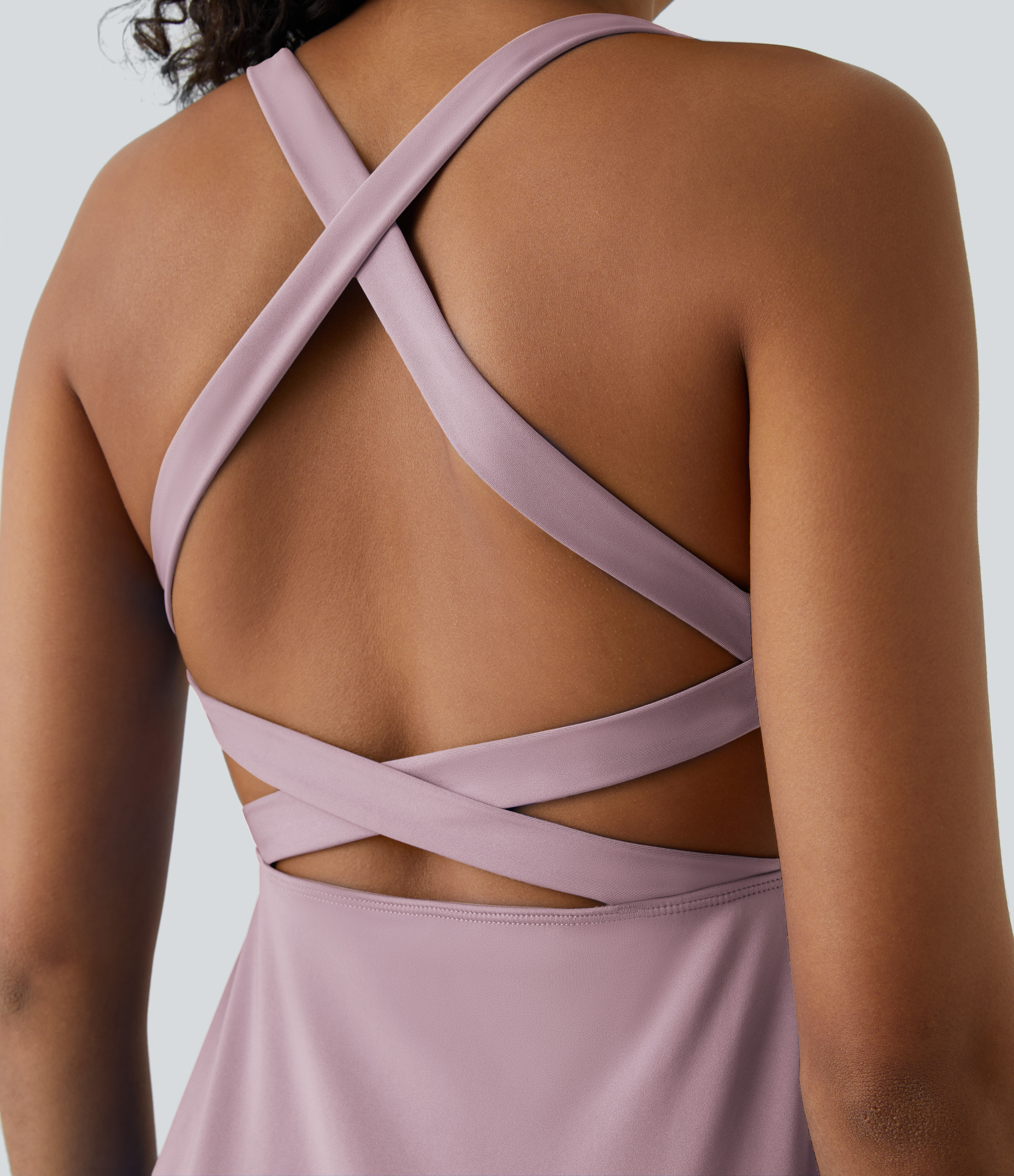 Halara Crisscross Backless Plain 2-Piece Barre Ballet Dance Flared Dress-Venus Workout Dress - Dark Mauve - XS 