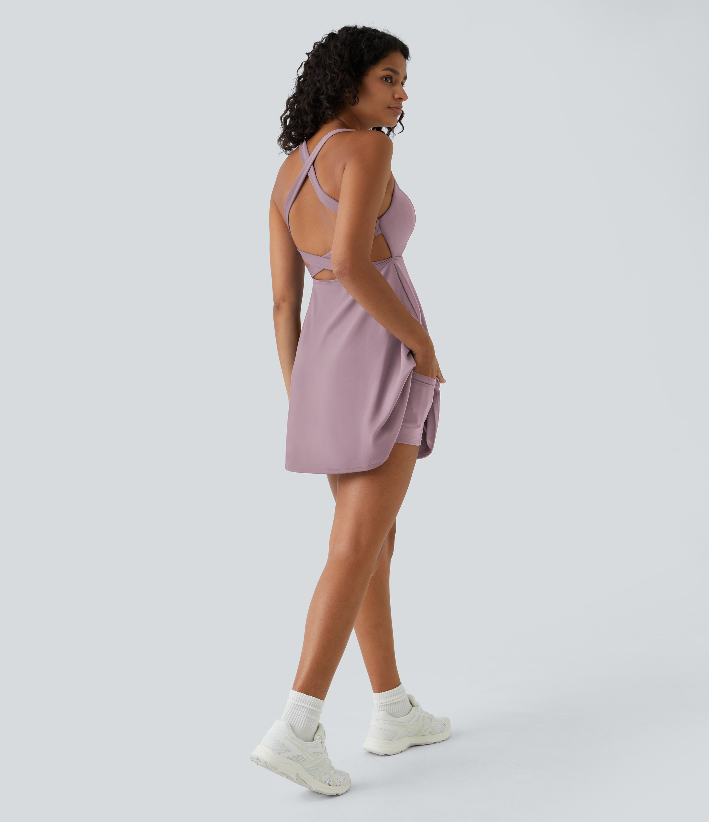Halara Crisscross Backless Plain 2-Piece Barre Ballet Dance Flared Dress-Venus Workout Dress - Dark Mauve - XS 