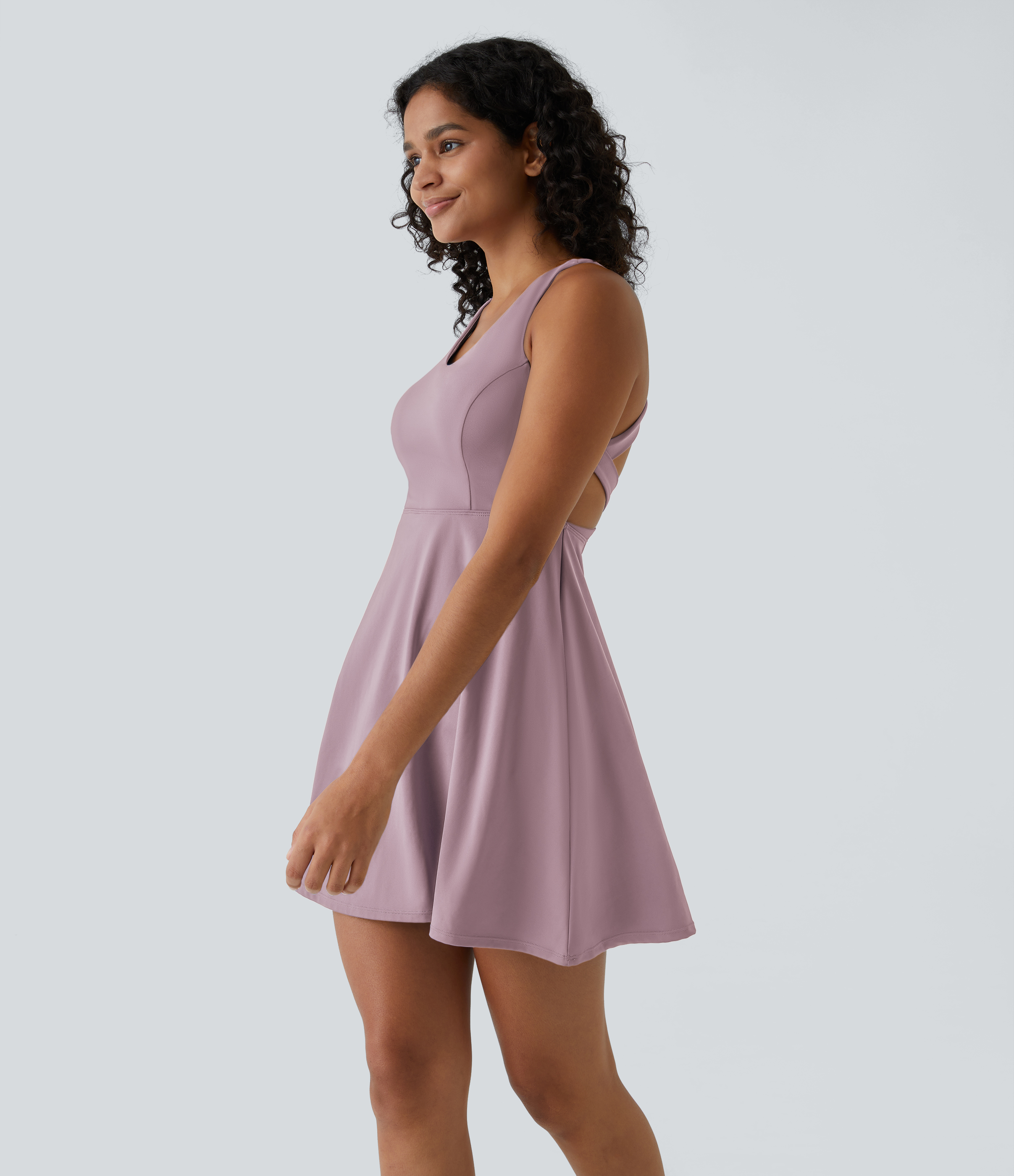 Halara Crisscross Backless Plain 2-Piece Barre Ballet Dance Flared Dress-Venus Workout Dress - Dark Mauve - XS 
