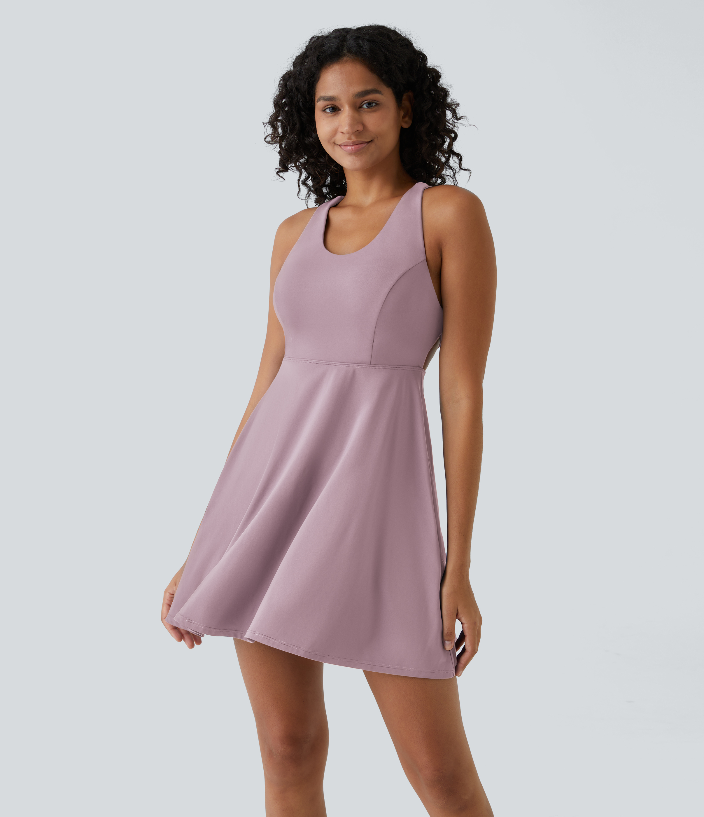 Halara Crisscross Backless Plain 2-Piece Barre Ballet Dance Flared Dress-Venus Workout Dress - Dark Mauve - XS 