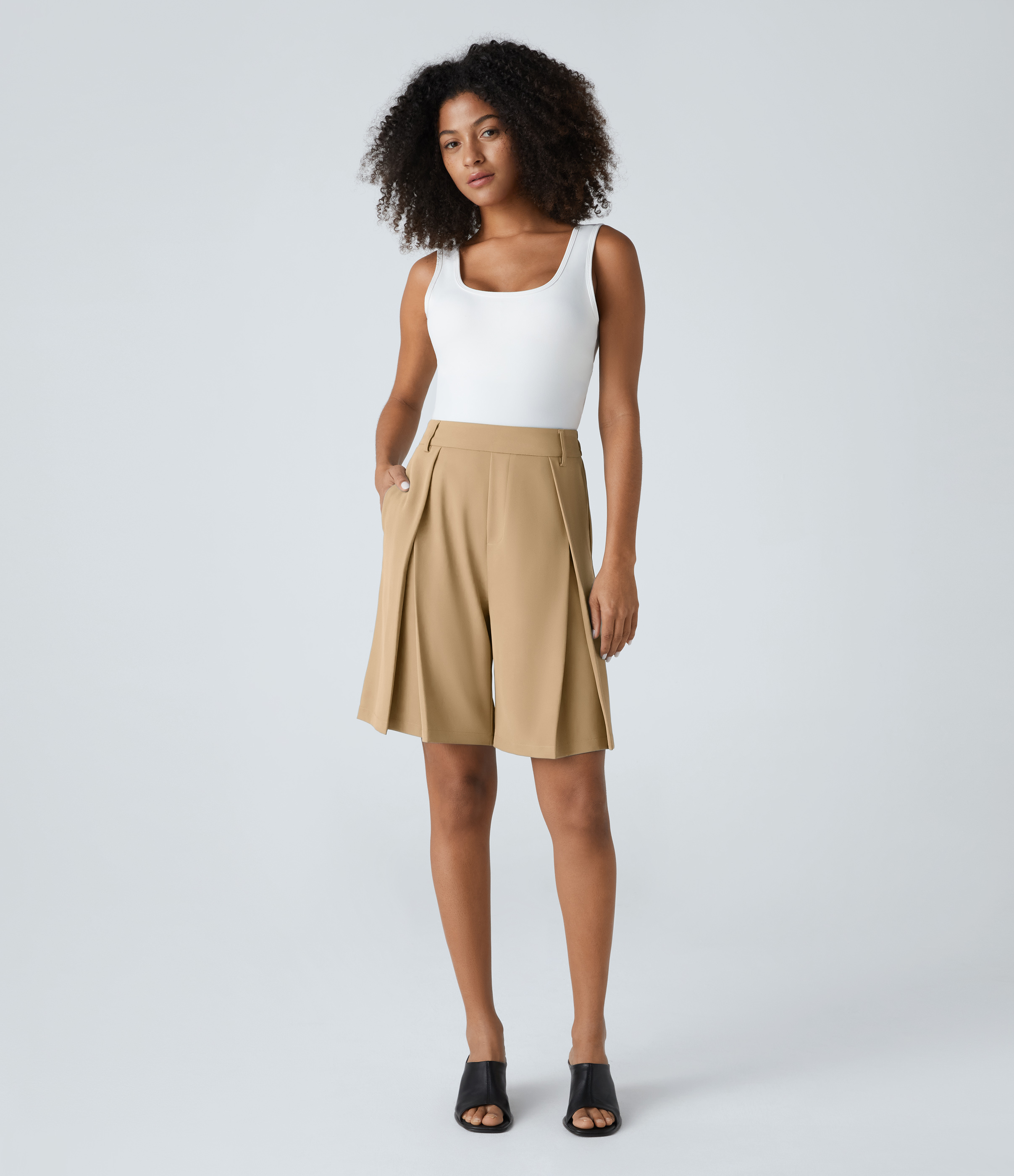 Halara High Waisted Side Pocket Bermuda Casual Shorts  - Desert Brown - L 