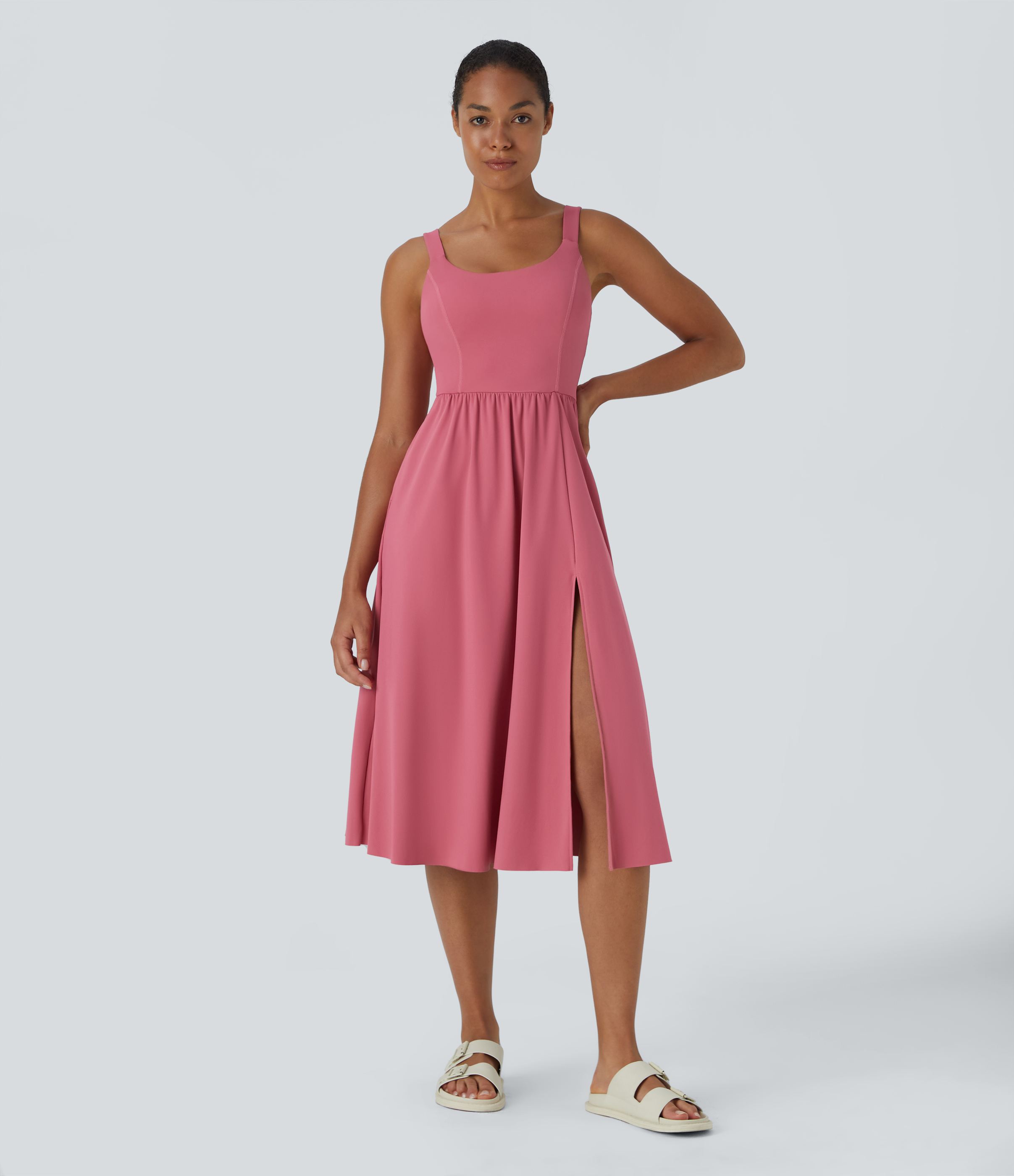 Halara Padded Backless Twisted Split Midi Casual Dress Casual Dress - Begonia Rouge - S slip dress beach dress ruched dress halter dress 