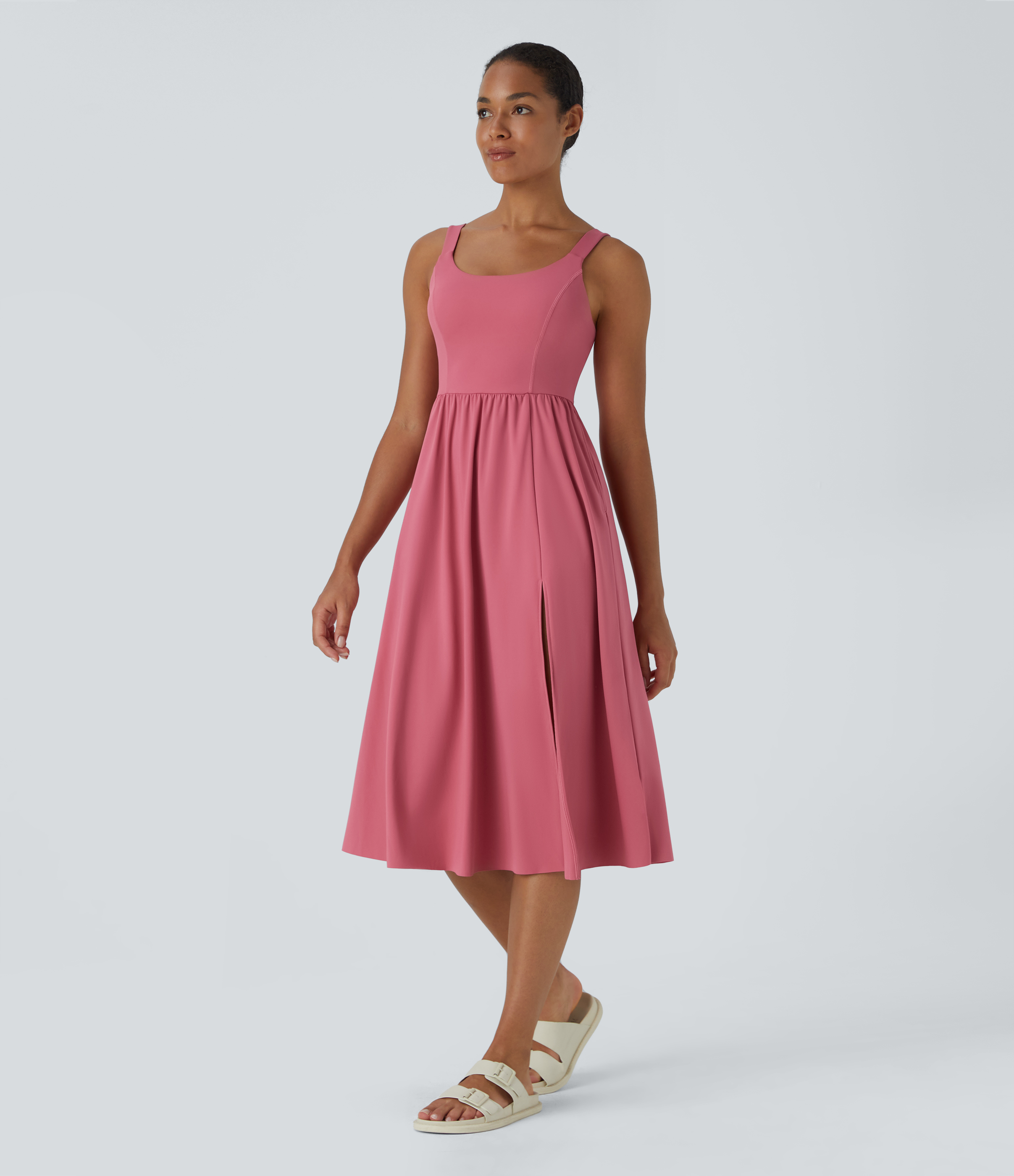 Halara Padded Backless Twisted Split Midi Casual Dress Casual Dress - Begonia Rouge - S slip dress beach dress ruched dress halter dress 