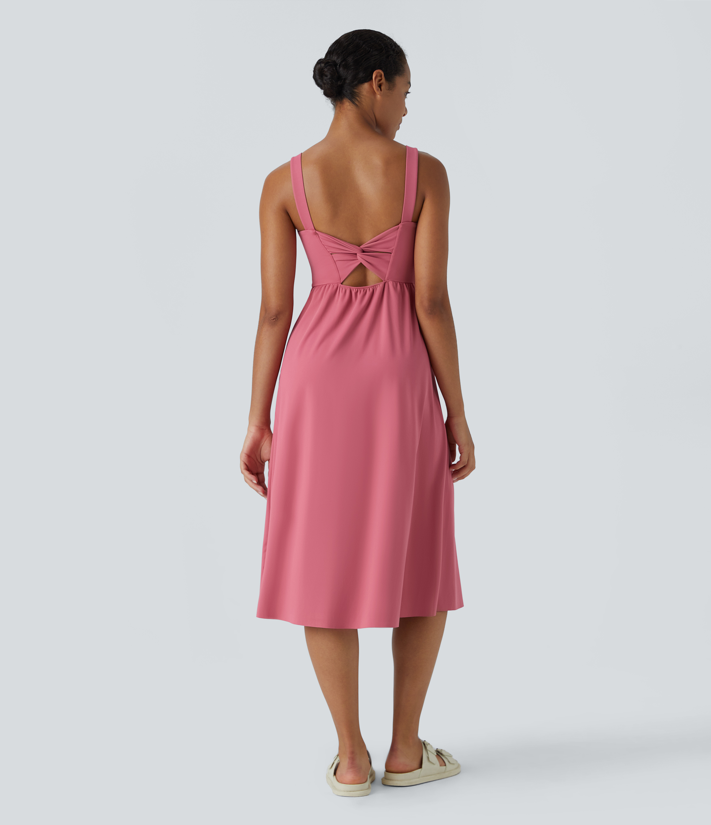 Halara Padded Backless Twisted Split Midi Casual Dress Casual Dress - Begonia Rouge - S slip dress beach dress ruched dress halter dress 