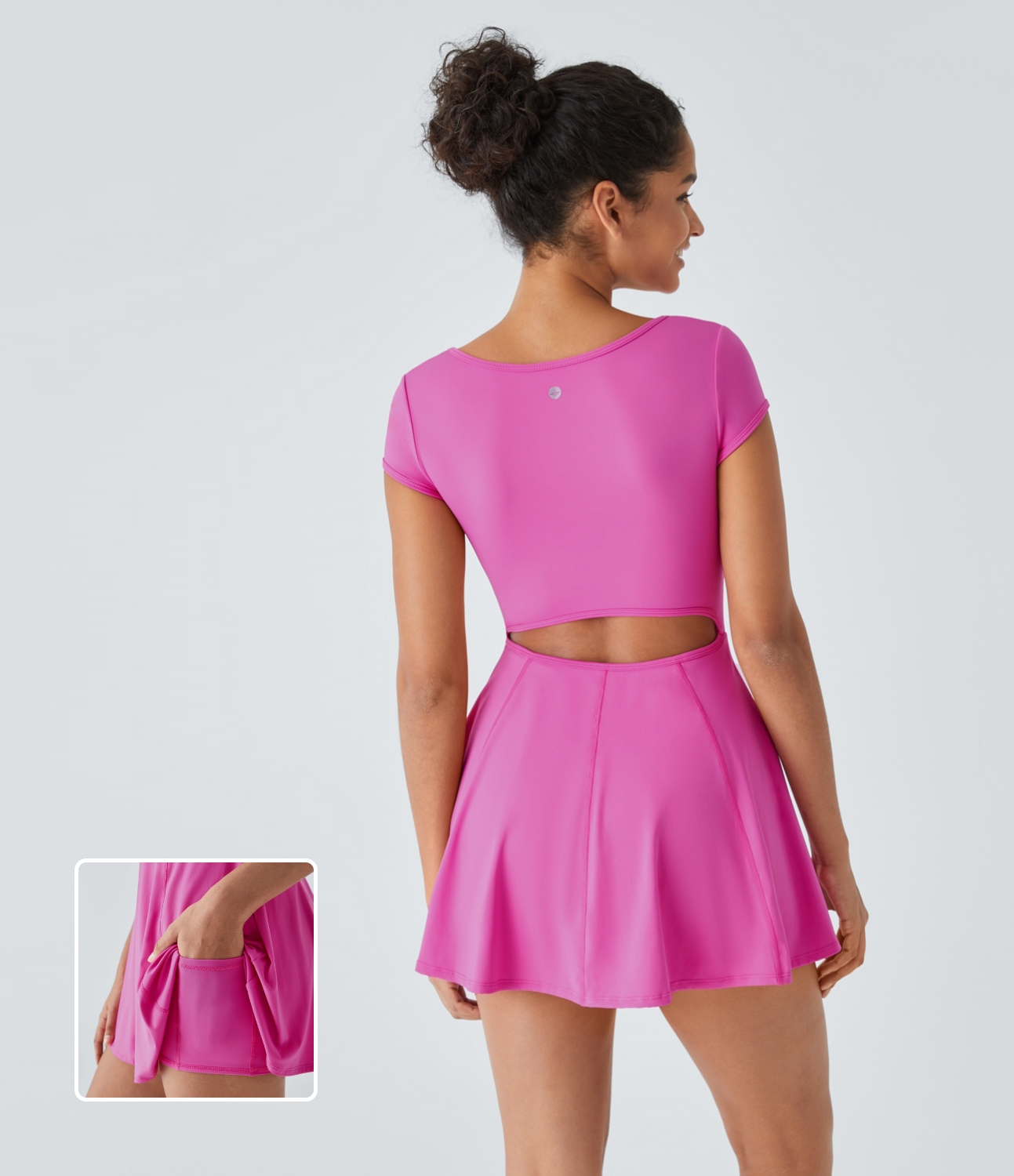 

Halara Softlyzeroв„ў Airy Henley Neck Short Sleeve Cut Out 2-in-1 Pocket Cool Touch Flare Mini Pilates Active Dress-UPF50+ Workout Dress - Fuchsia Fedora