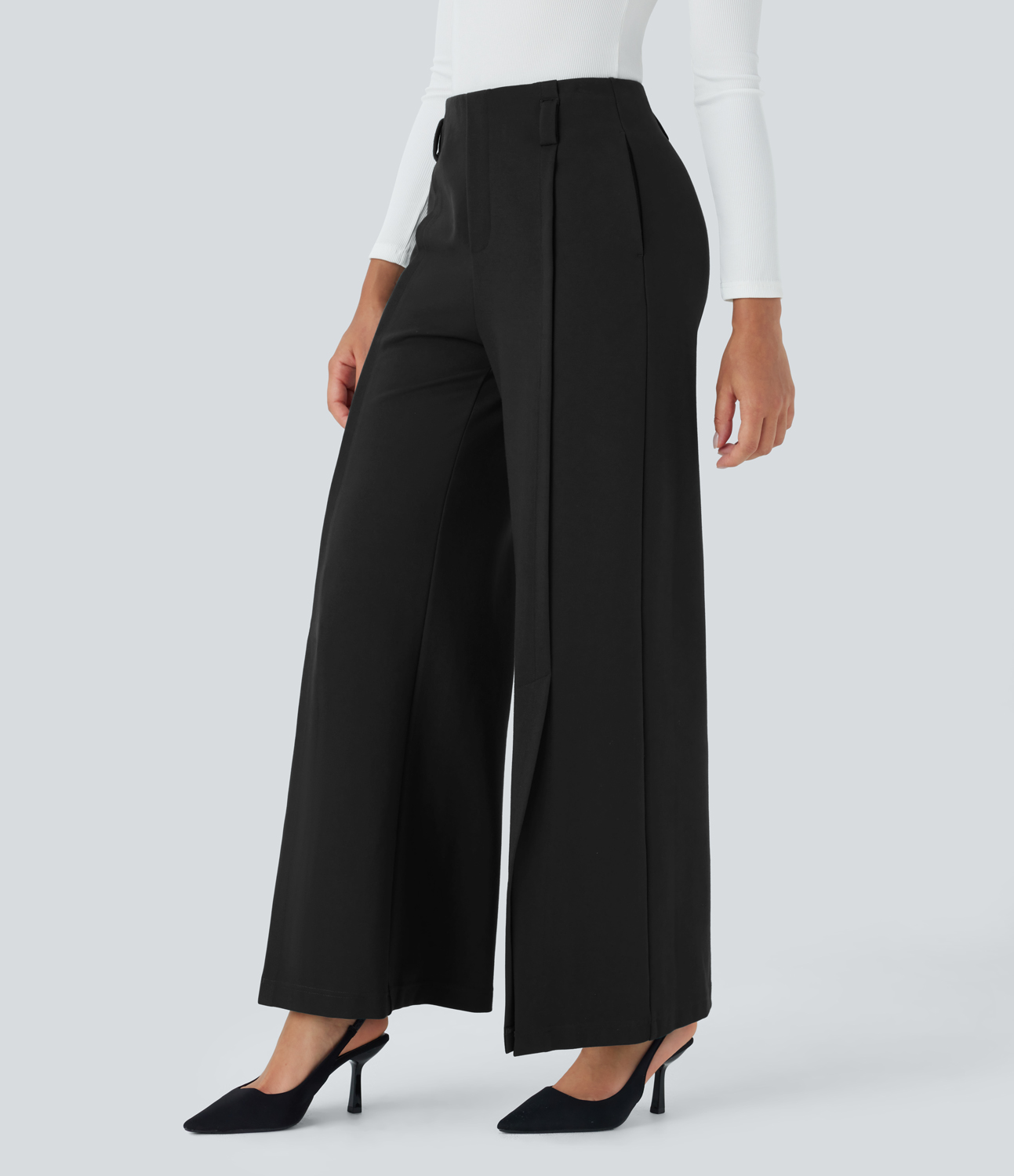 Halara Halara Flexв„ў High Waisted Side Pocket Wide Leg Split Work Pants  - Black - M(regular) sweatpants jogger pants stacked sweatpants 