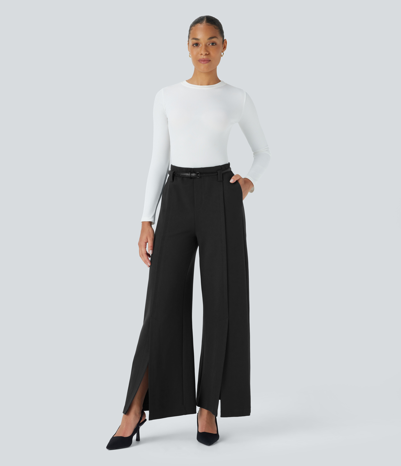 Halara Halara Flexв„ў High Waisted Side Pocket Wide Leg Split Work Pants  - Black - M(regular) sweatpants jogger pants stacked sweatpants 