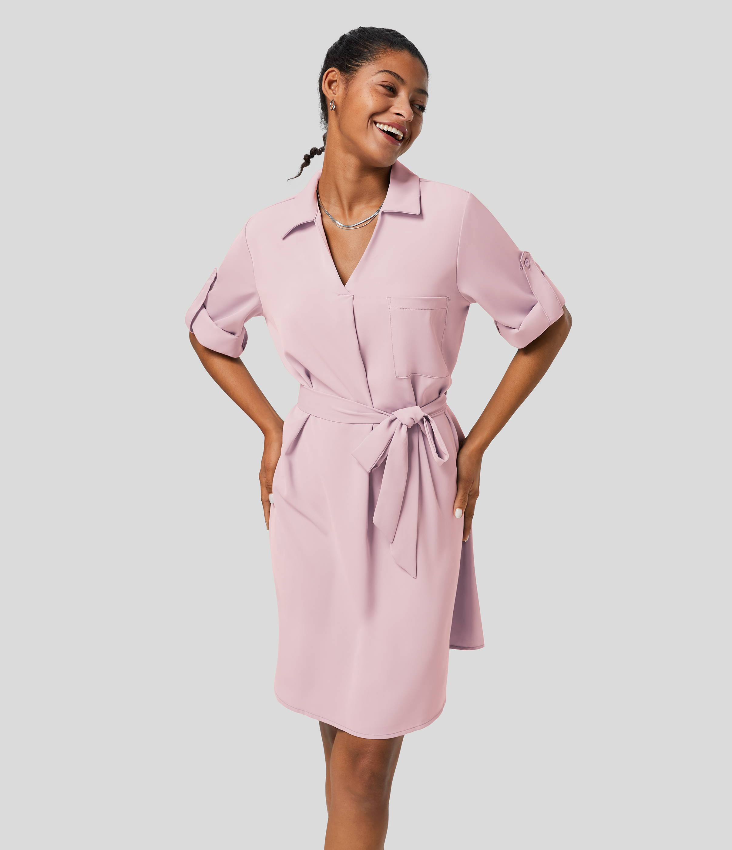 Halara Collared Roll Up Sleeve Belted Midi Work Shirt Dress Casual Dress - Ballet Slipper - L slip dress beach dress ruched dress 