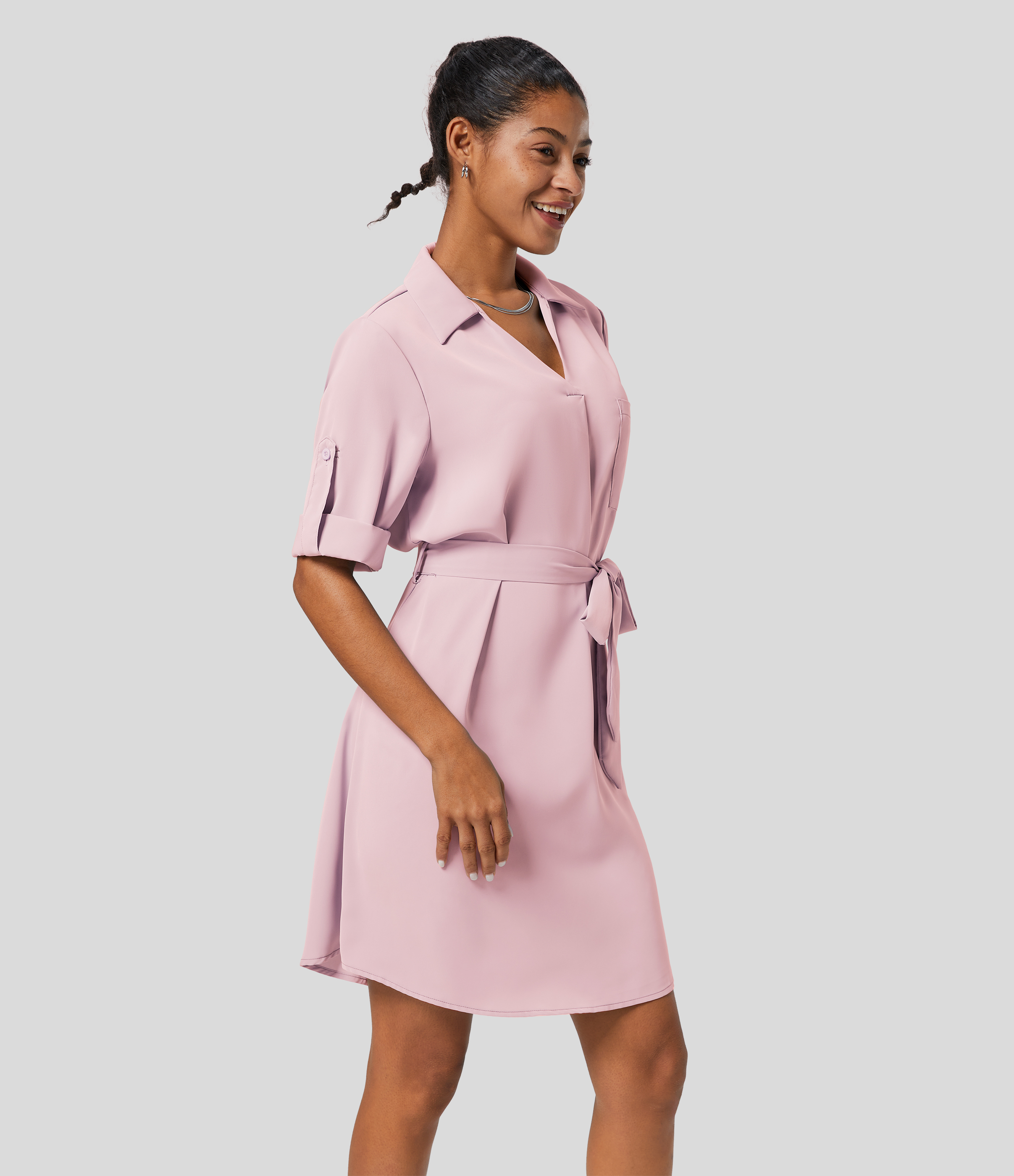 Halara Collared Roll Up Sleeve Belted Midi Work Shirt Dress Casual Dress - Ballet Slipper - L slip dress beach dress ruched dress 
